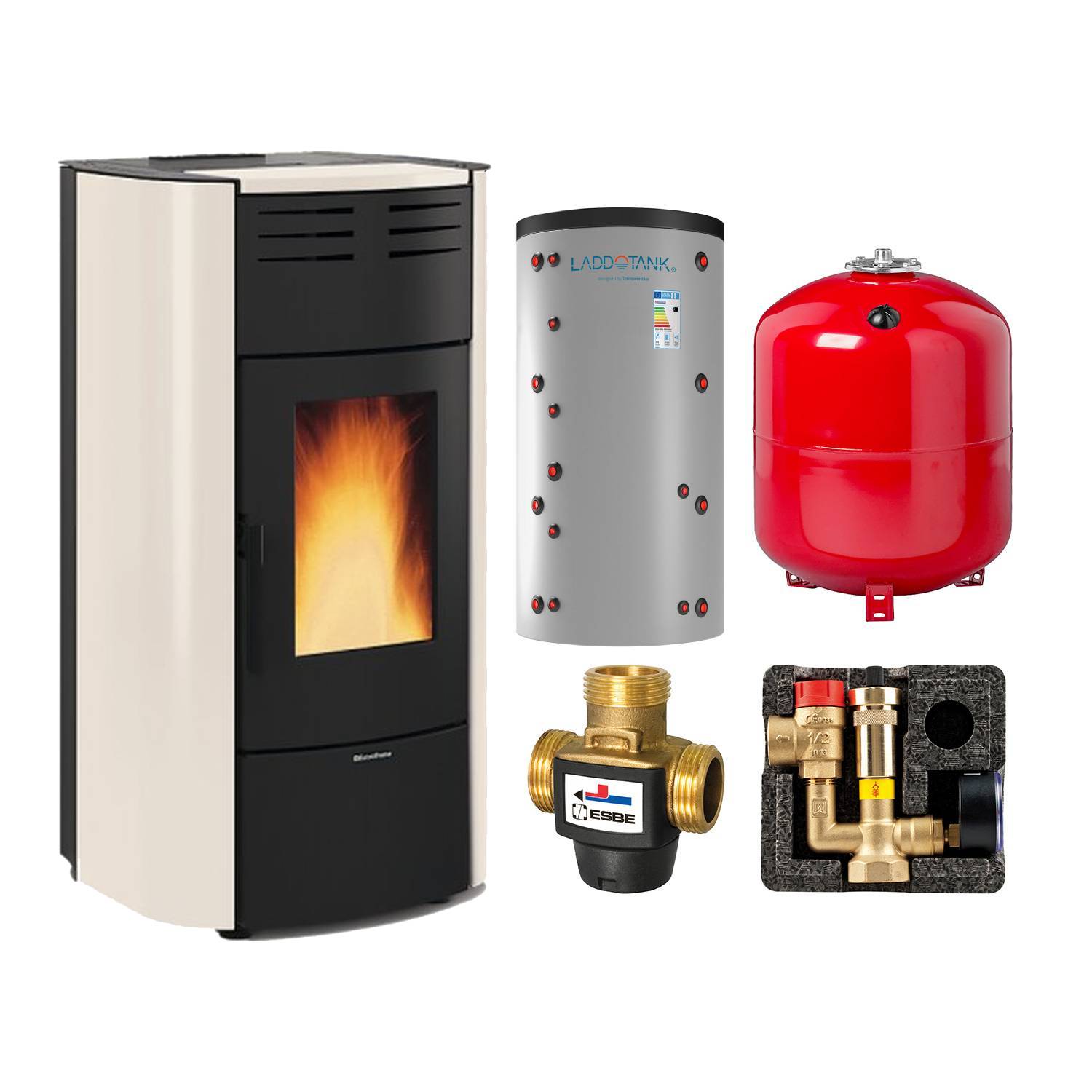Extraflame Raffaella Idro H18 5.0.16 Wasserführender Pelletofen Stahl AVOR elfenbein - Laddotank Eco Combi 2 Hygienespeicher 800L 1x WT - Heizungsausdehnungsgefäß 100 L
