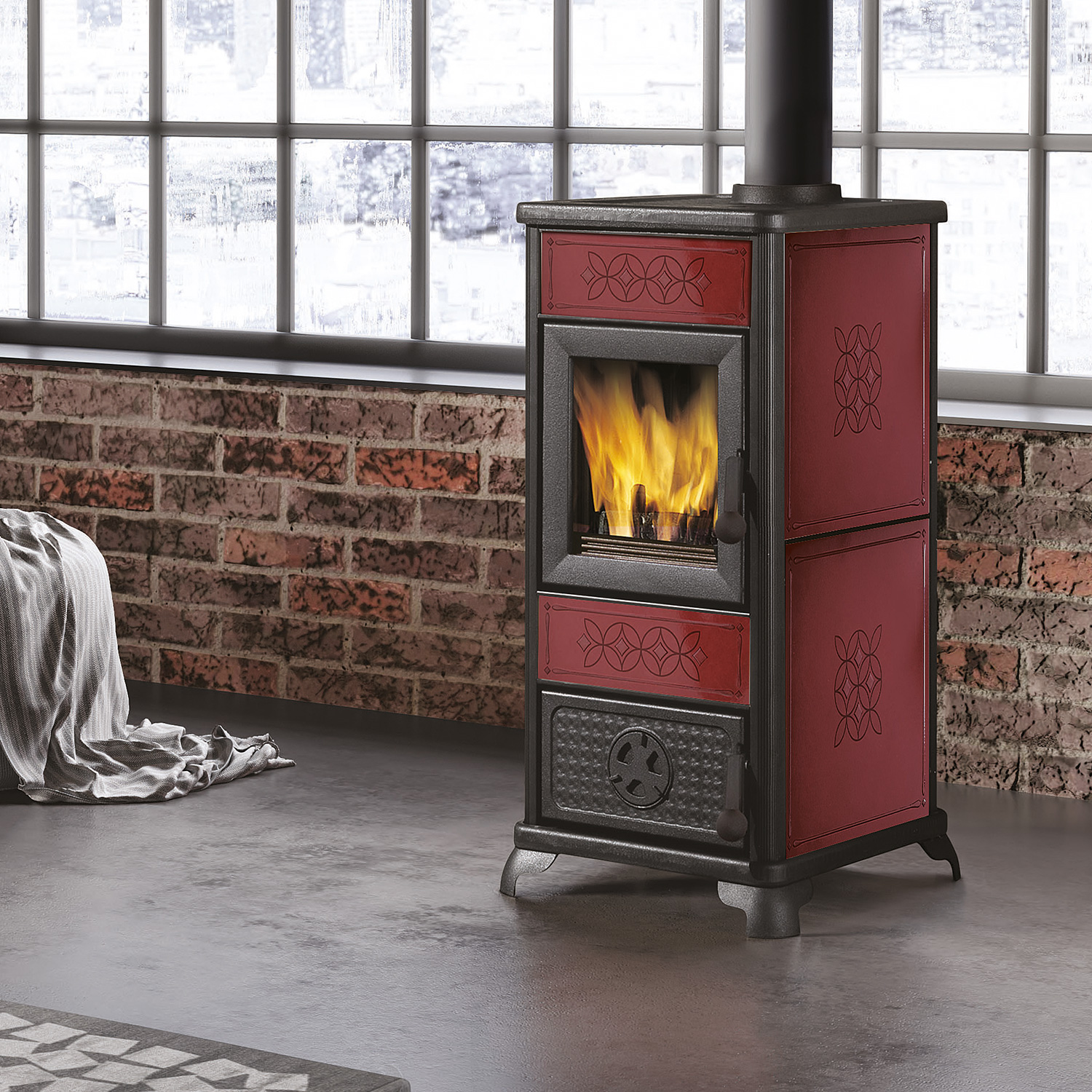 EK63 Decor Kaminofen Keramik bordeaux Rauchrohr oben