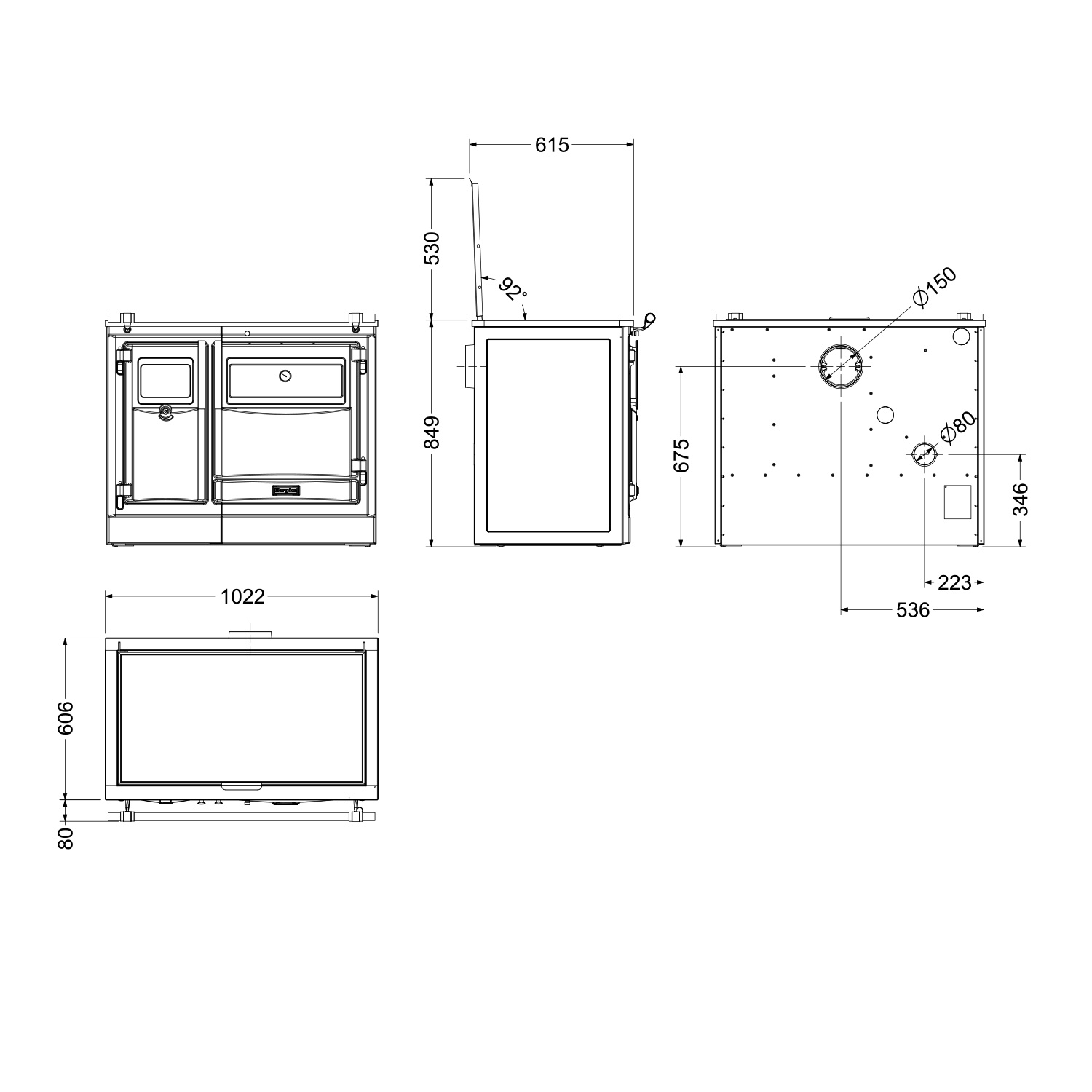 Hergom PAS 100 CC SE wasserführender Küchenofen Gusseisen schwarz, Herdplatte Glaskeramik, RR hinten