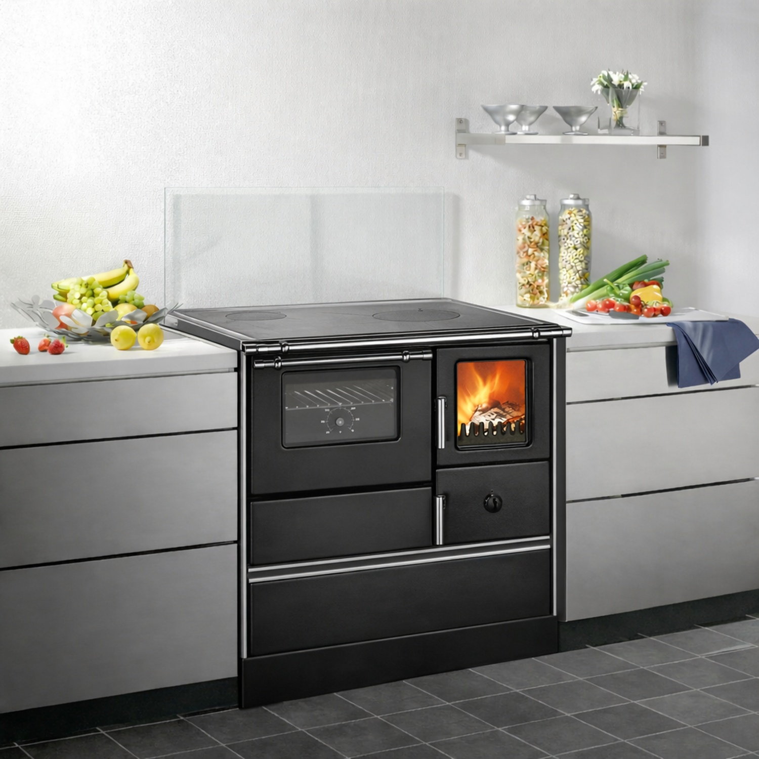 Westminster Holzherd Style 70 schwarz mit geschliffener Herdplatte und Edelstahlherdrahmen Rauchrohranschluss links