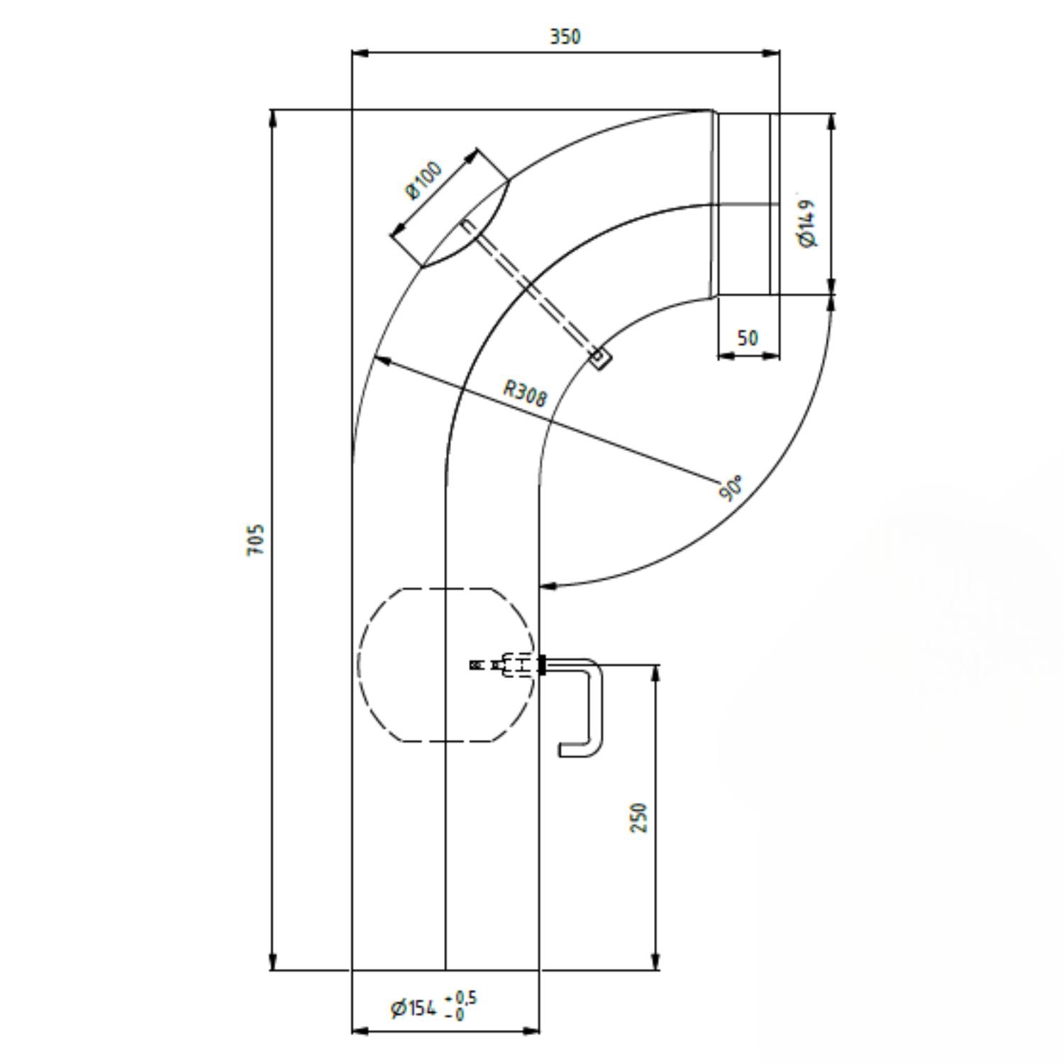 Raik Lifestyle Winkelbogen Durchmesser 150/90° 2,00mm glatt 705/350 mit eingelegter Tür, mit DKL grau für Rauchrohr/ Ofenrohr
