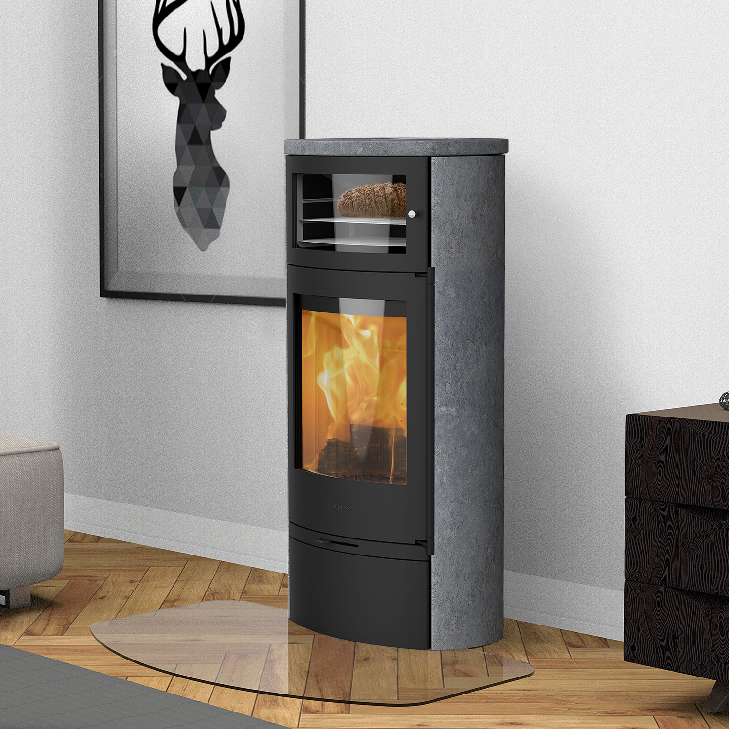 Lotus Jubilee 35S Kaminofen mit Warmhaltefach Schwarz/ Speckstein, Rauchabgang hinten