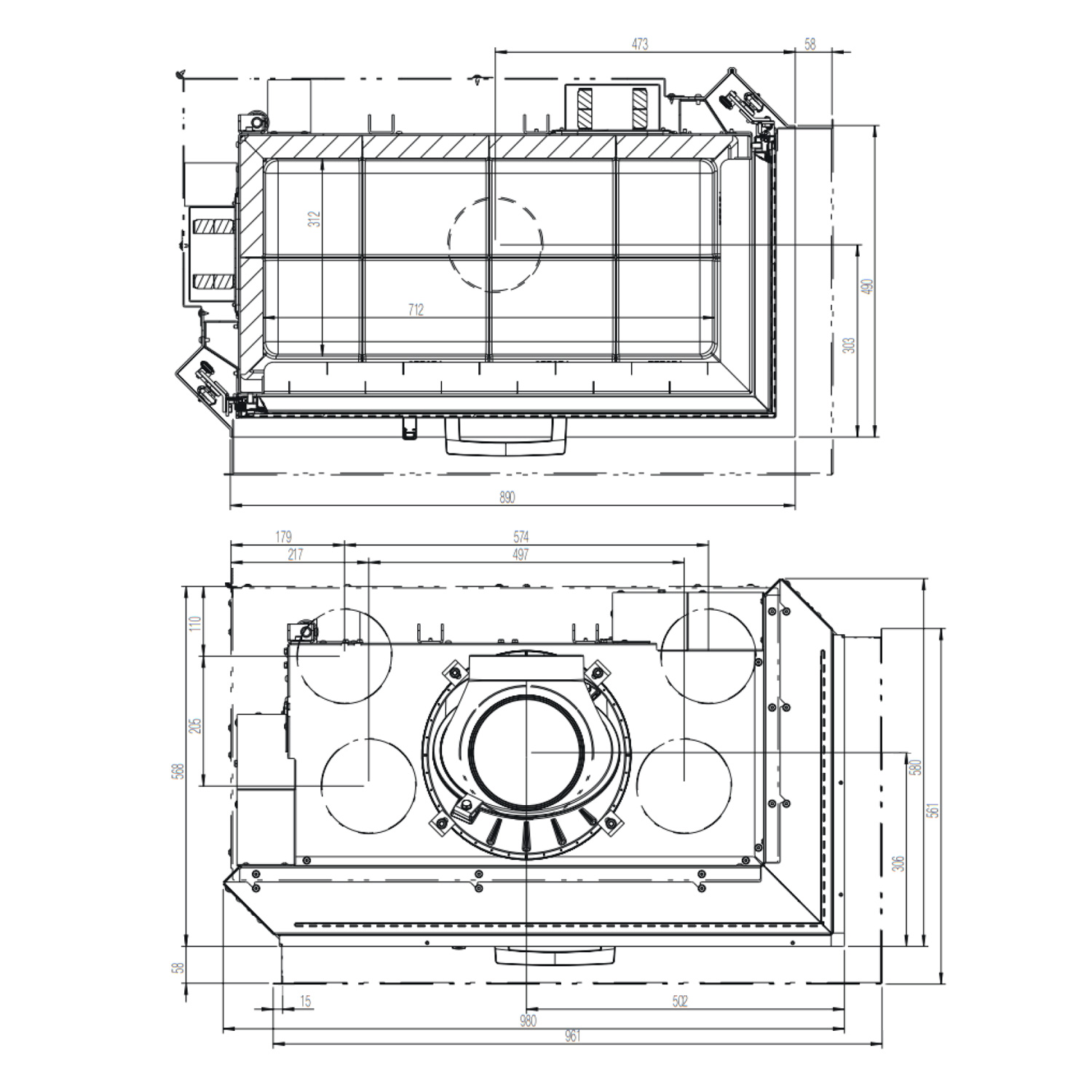 Austroflamm 89x49x57 S 3.0 Eck-Kamineinsatz rechts inkl. Schiebetür, Keramott schwarz