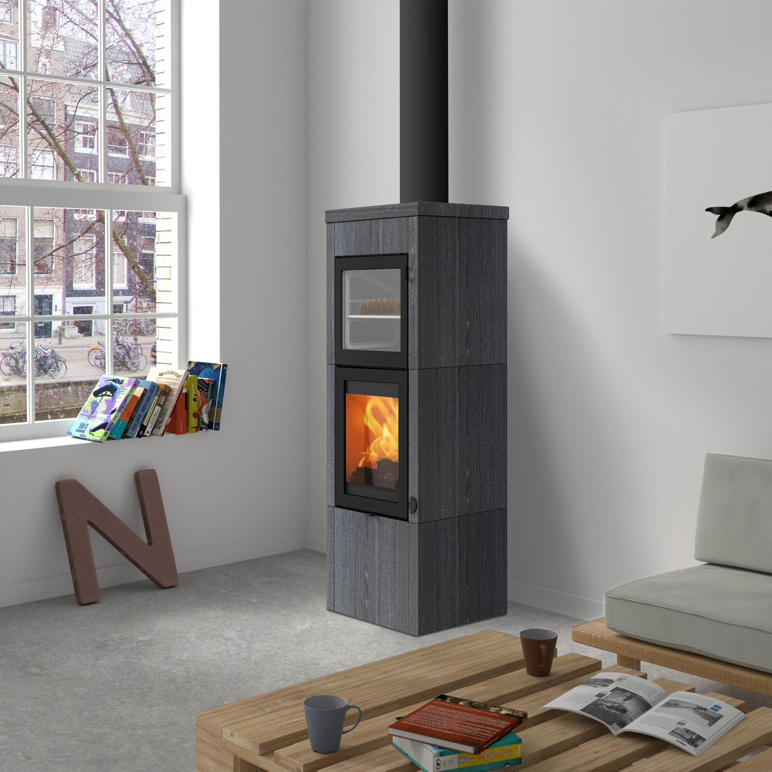 Lotus QM40 Kaminofen Indian Night / Tür Schwarz mit Backfach, Rauchabgang oben