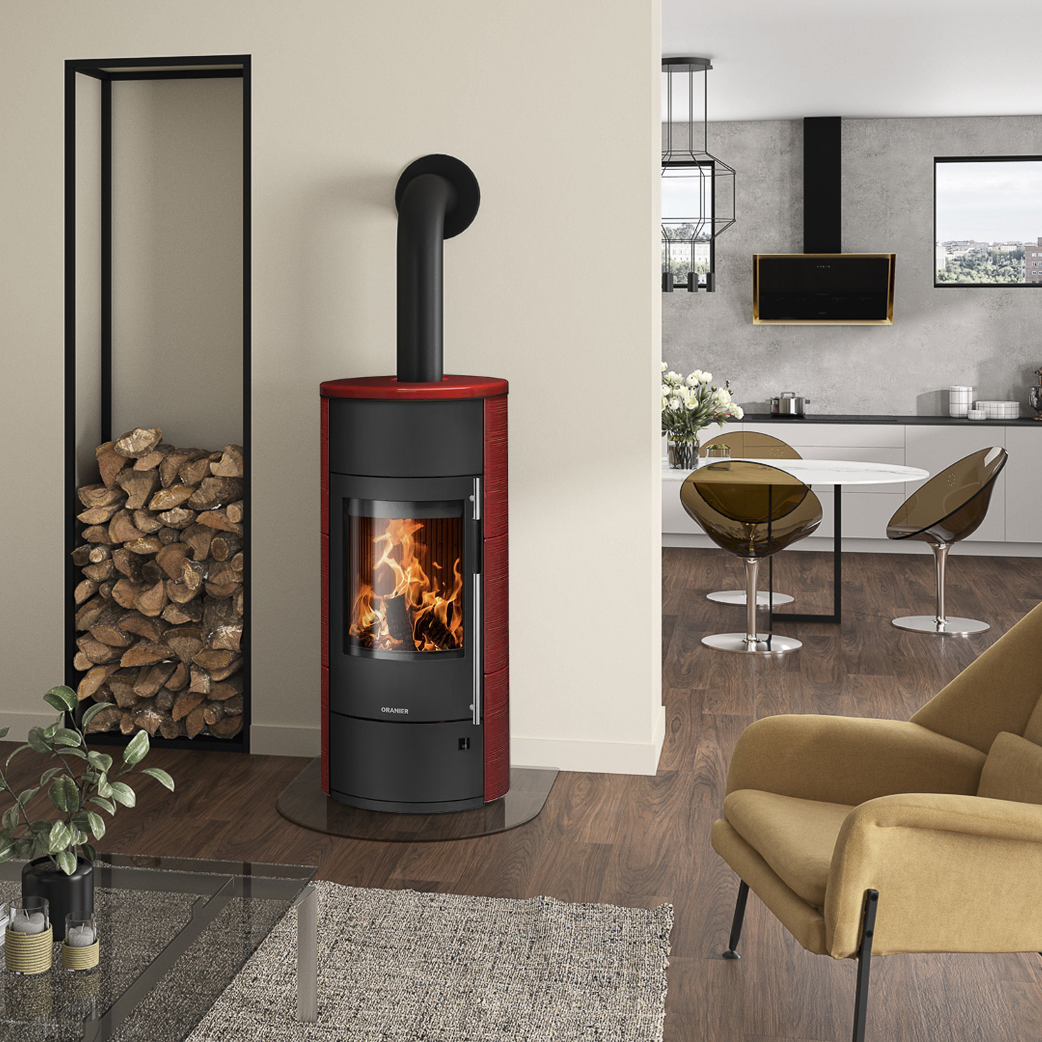 Oranier Polar Neo Aqua wasserführender Kaminofen Keramik Paprikarot