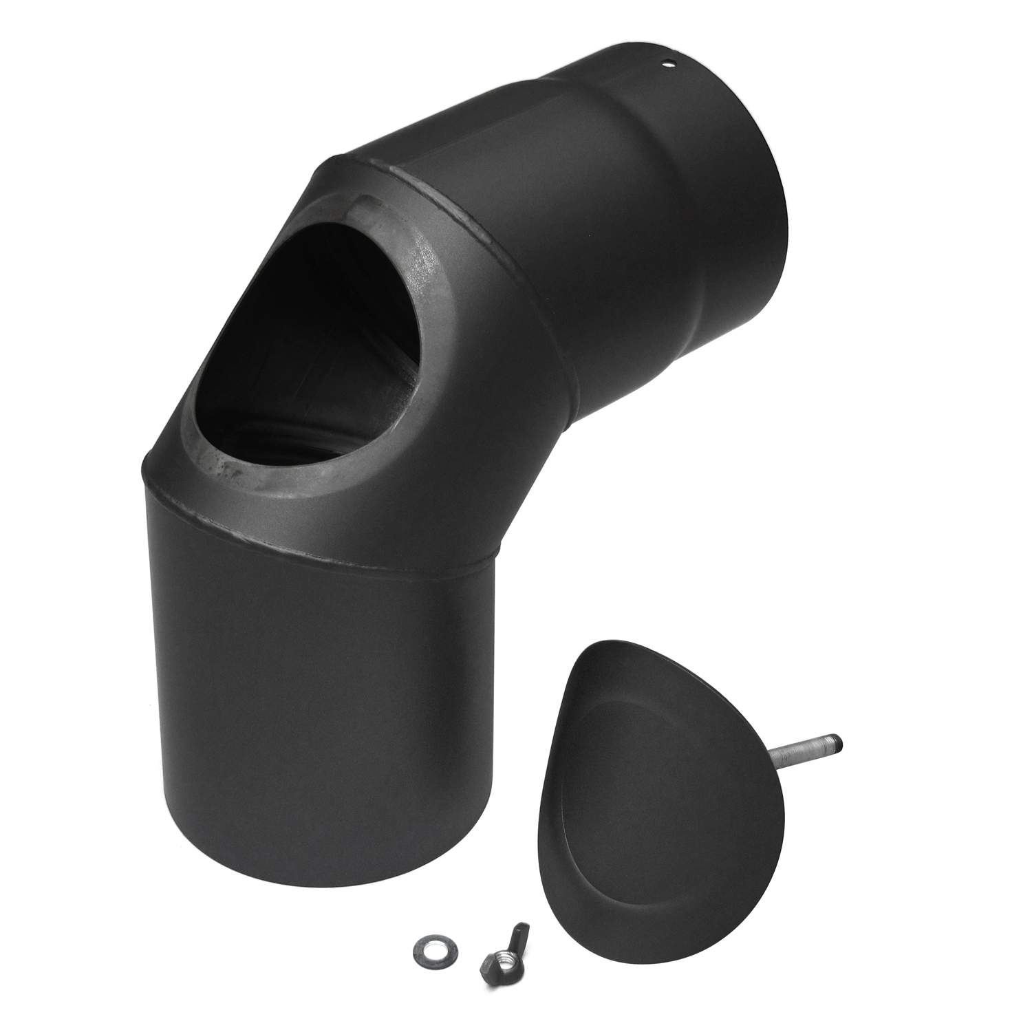Raik Basic Rauchrohrbogen 130mm schwarz 90° – 3teilig mit Tür für Rauchrohr / Ofenrohr