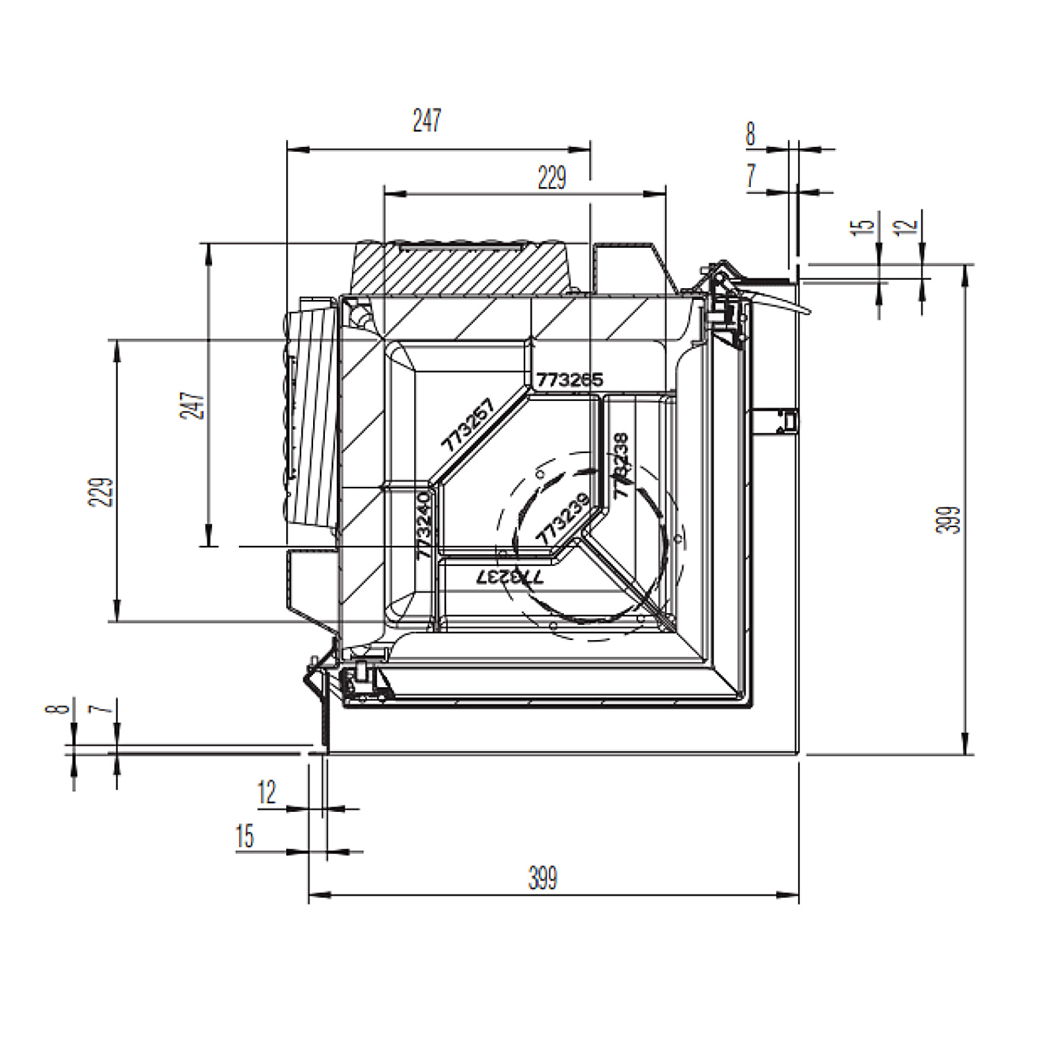 Austroflamm 38x38x57 K 2.0 Kamineinsatz Ecke links Feuerraum Schwarz