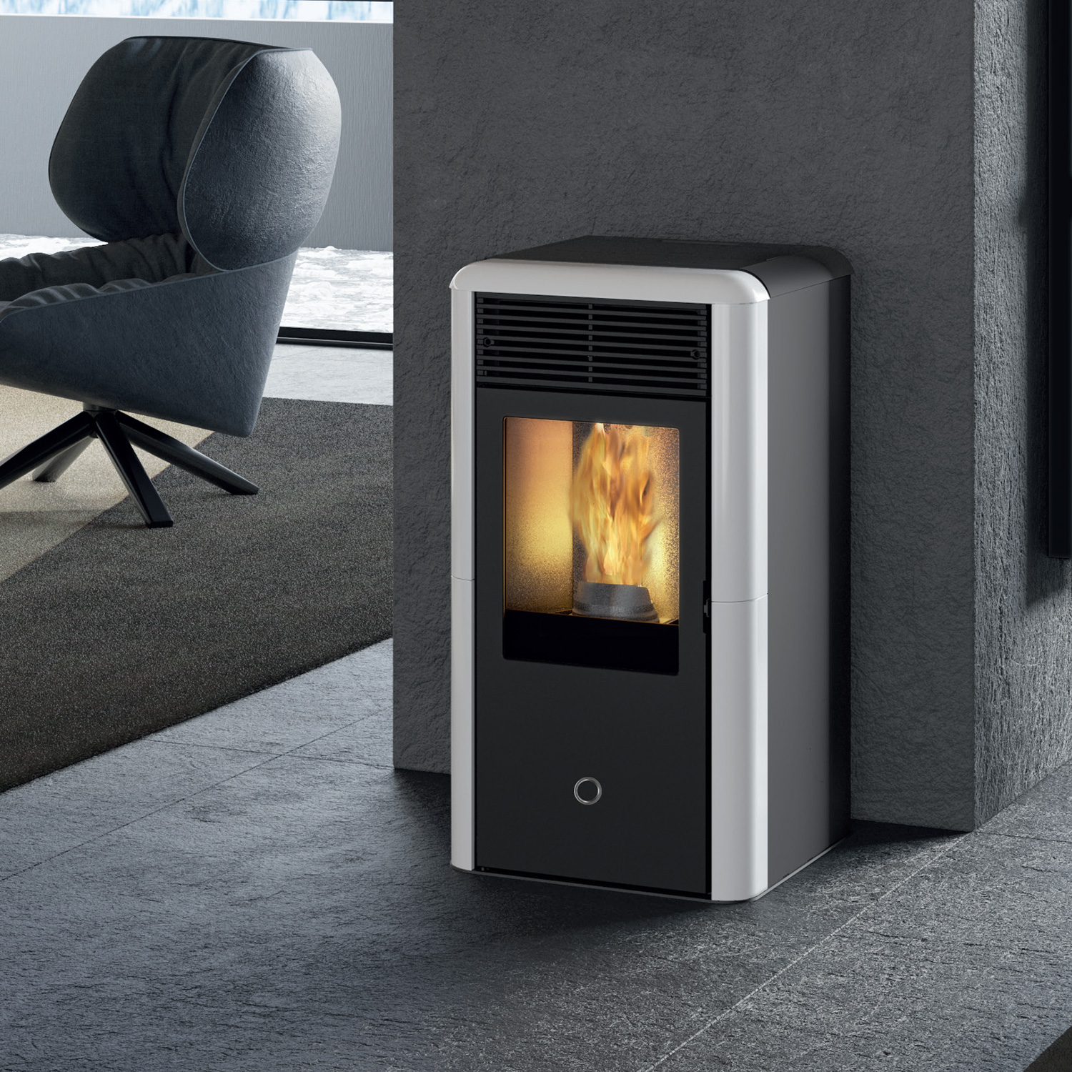 EK63 Spot100 H wasserführender Pelletofen Keramik cremeweiß RR hinten EK63 Spot100 H wasserführender Pelletofen Keramik cremeweiß RR hinten