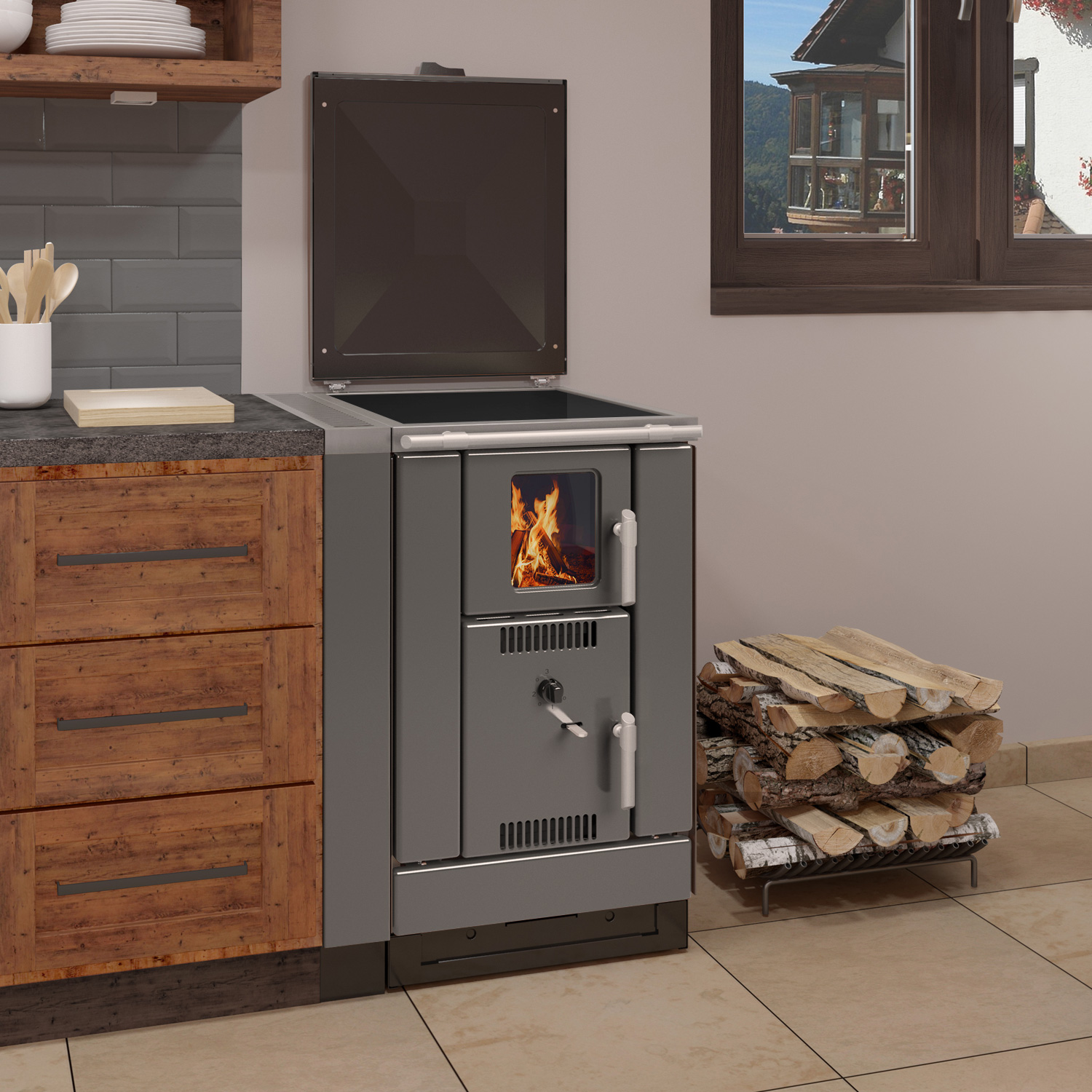 Wamsler K 158 F wasserführender Küchenherd Emailliert anthrazit/ matt, Ceranfeld