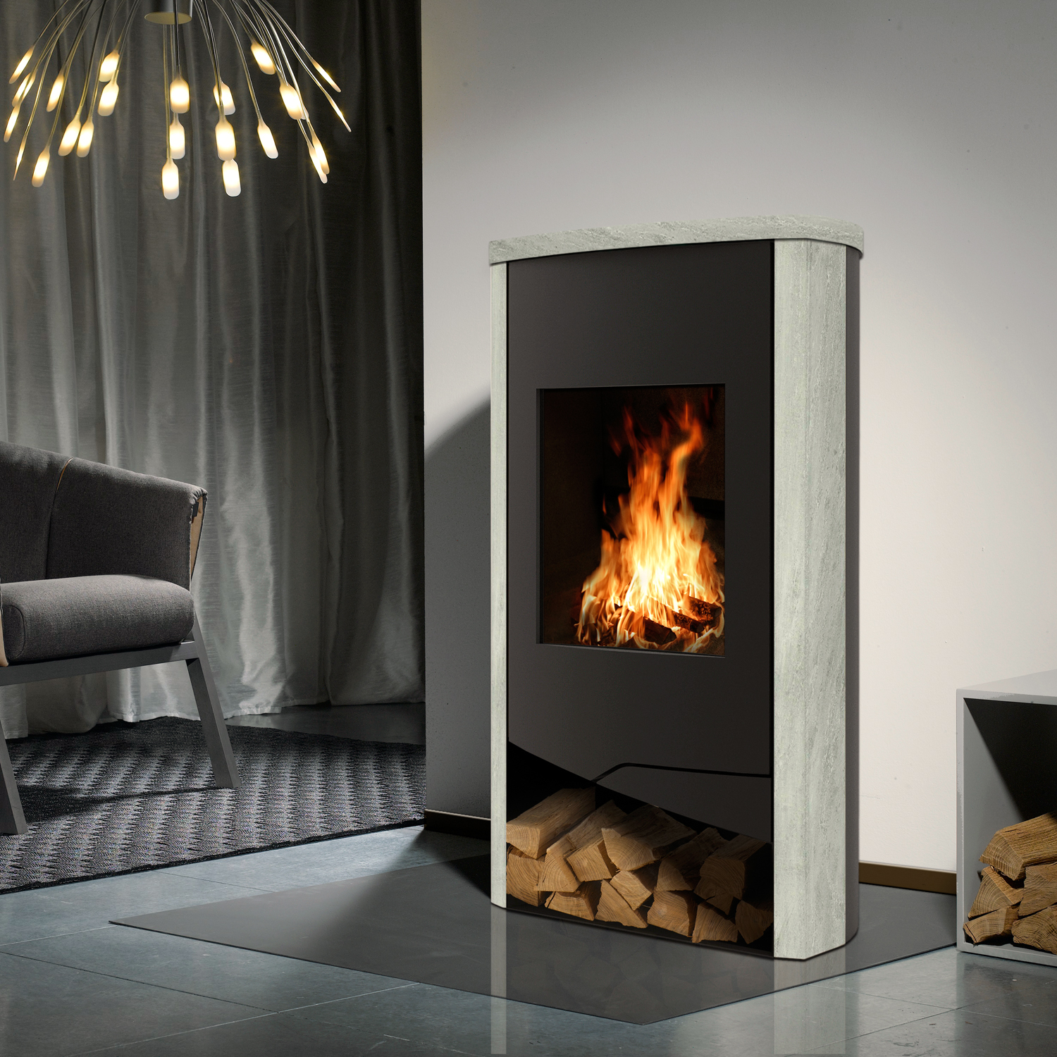 Wamsler Nevada Kaminofen Stahl schwarz/ Naturstein