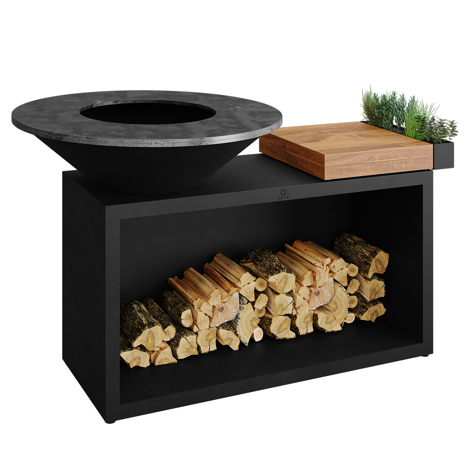 OFYR Island Black 100 Grill & Feuerstelle mit Arbeitsplatte Teakholz
