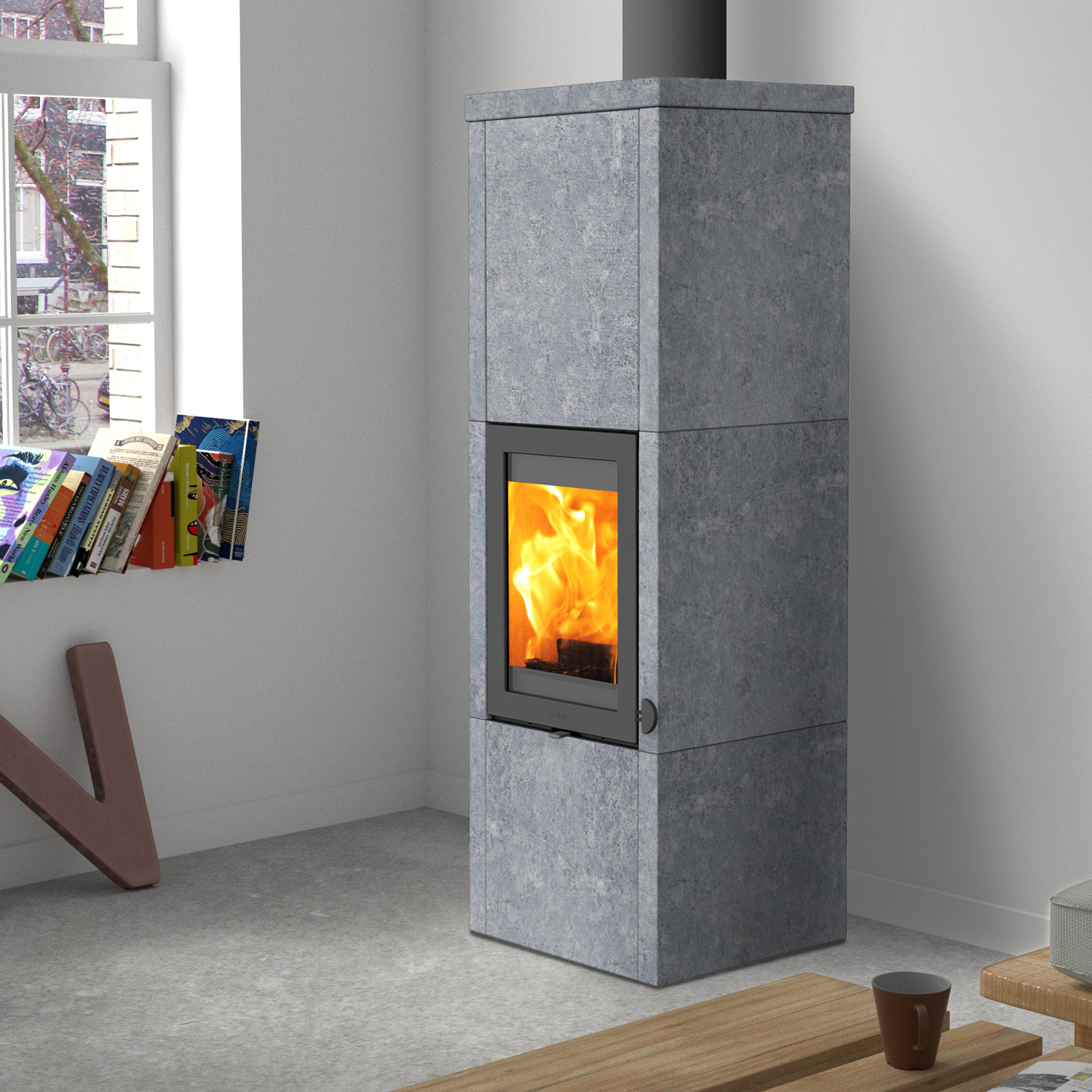 Lotus QM40 Kaminofen grau/ Speckstein inkl. PowerStones , RR oben / optional Griffvarianten