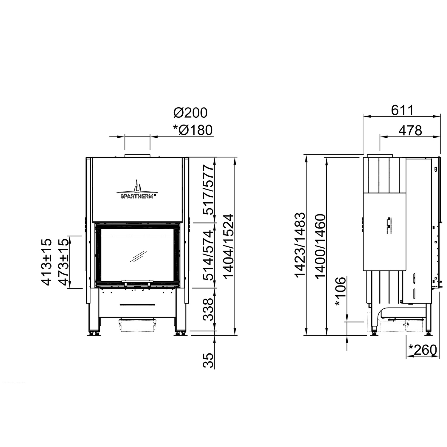 Spartherm Varia 1Vh Kamineinsatz 1524 mm Höhe 180 mm RR