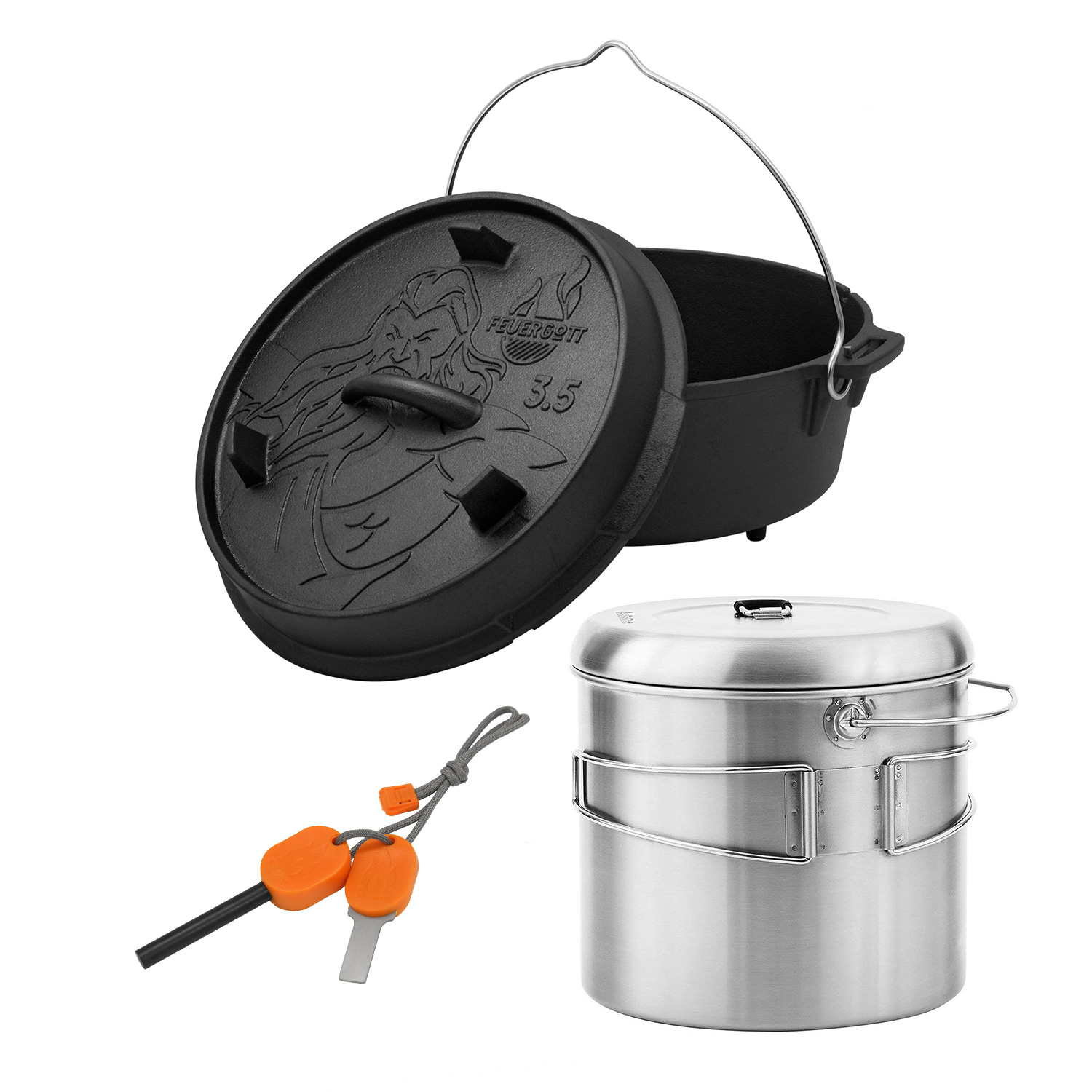 FEUERGOTT Dutch Oven 3,5 l mit Füßen + Solo Stove Pot 4000 + Feueranzünder