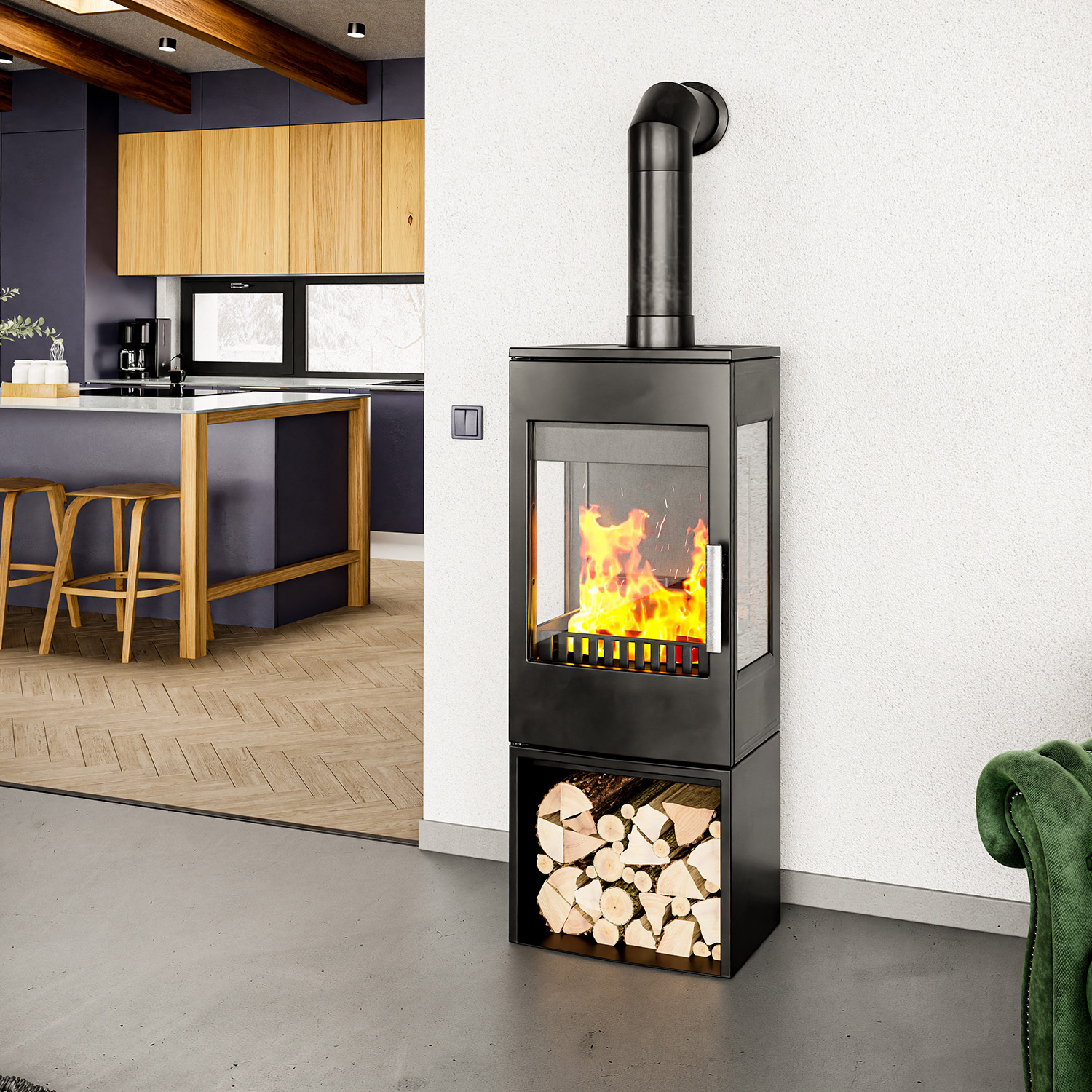 Haas+Sohn WIEN.l easy III 3 Sichtscheiben mit Holzfach Kaminofen ohne Türe tief-schwarz