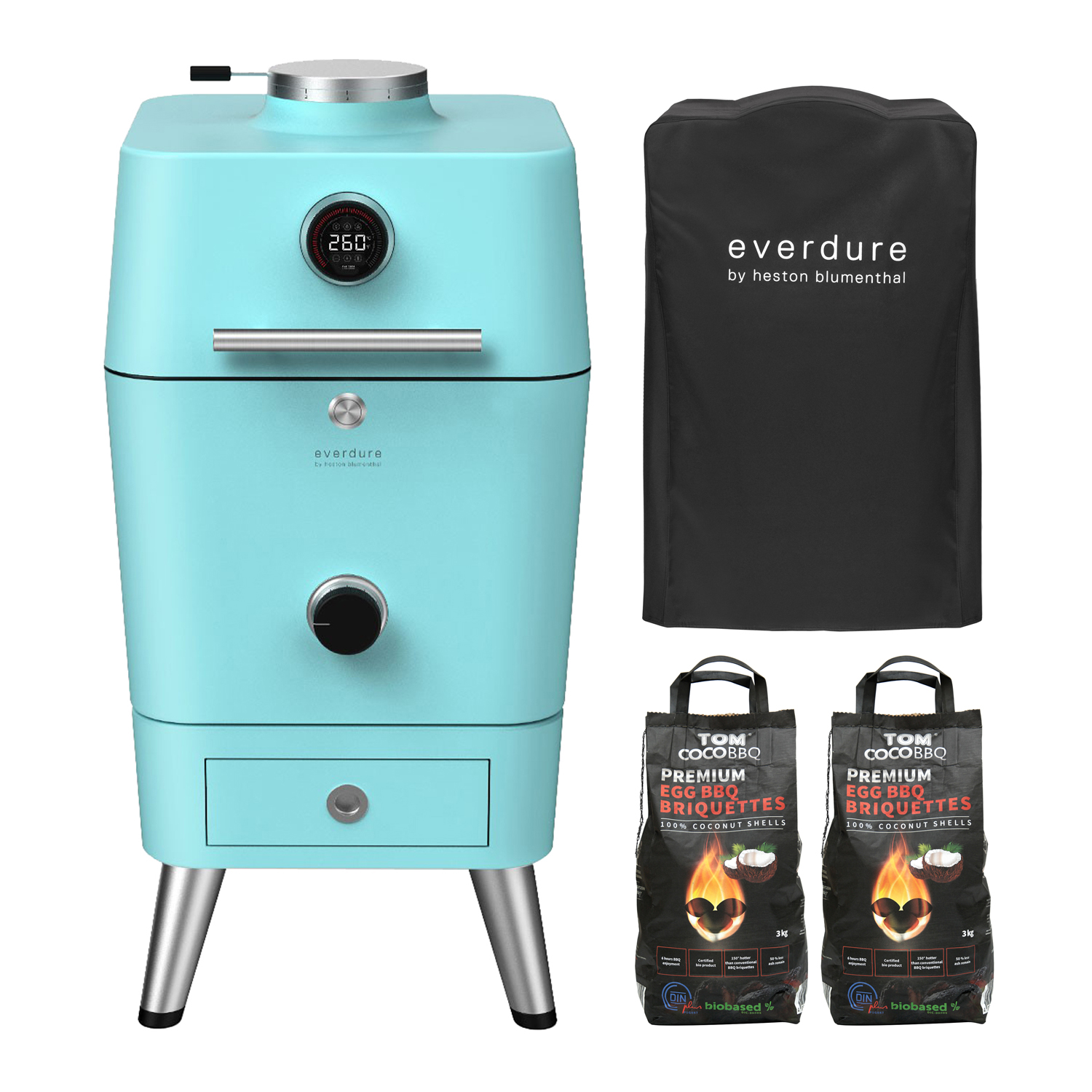 Everdure 4K Holzkohlegrill Mint + Abdeckhaube + 6 kg TOM COCO Kokoskohle-Briketts