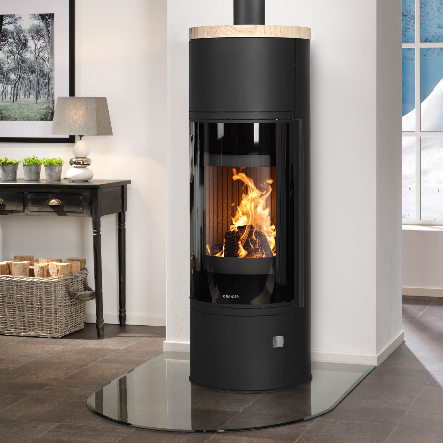 Oranier Arena Aqua 2.0 wasserführender Kaminofen Stahl Schwarz mit Abdeckplatte Sandstein