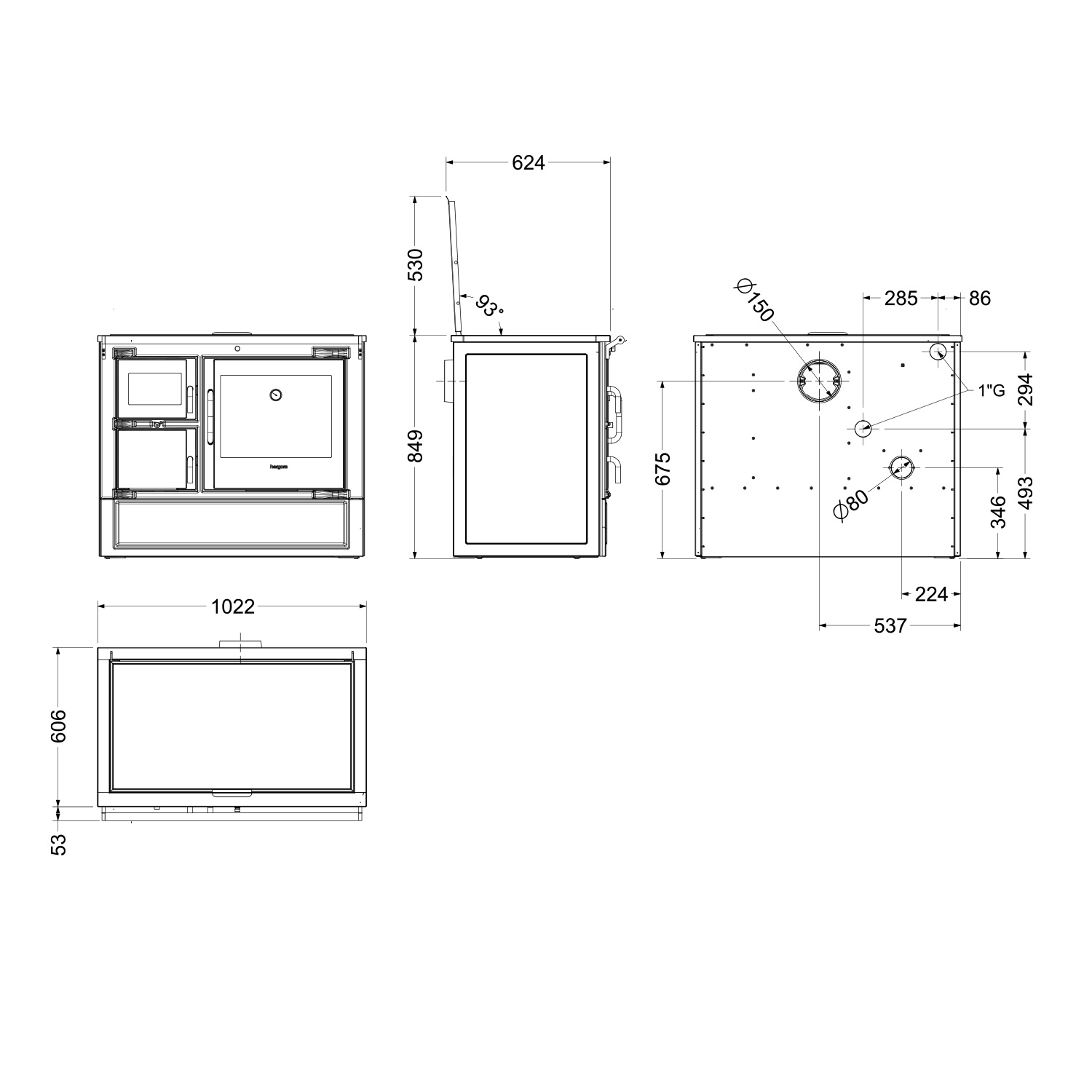 Hergom Eclecsys 100 SE Küchenofen Gusseisen schwarz, Herdplatte Gusseisen, RR hinten