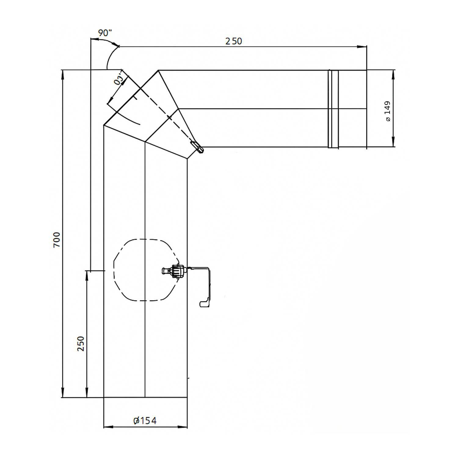 Raik Lifestyle Winkelbogen 150mm grau 90° mit Tür und Drosselklappe (700x250) für Rauchrohr / Ofenrohr