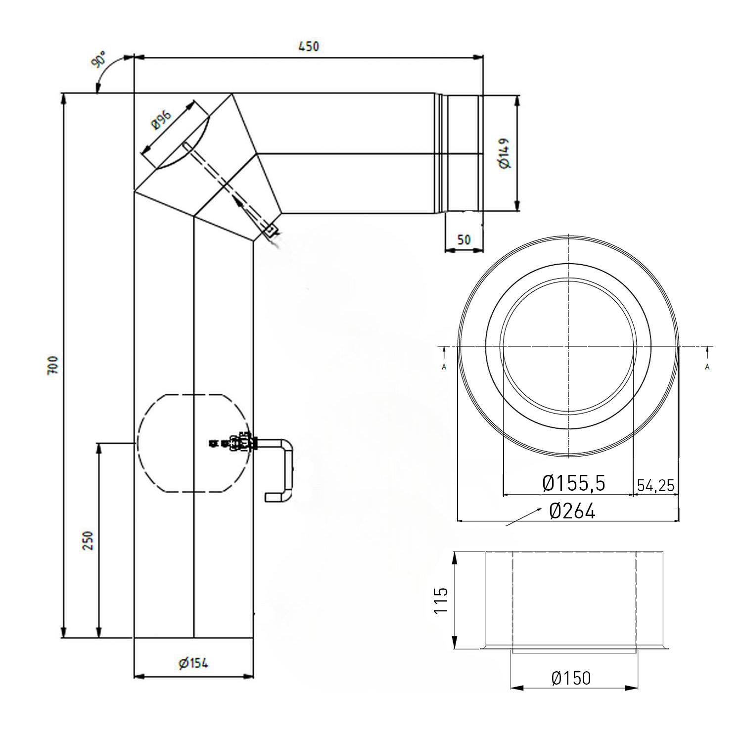 Raik WBG Set Lifestyle Durchmesser 150/90° 2,00mm 3-tlg 700/450 mit eingelegter Tür, mit DKL mit Dichtung schwarz für Rauchrohr/ Ofenrohr
