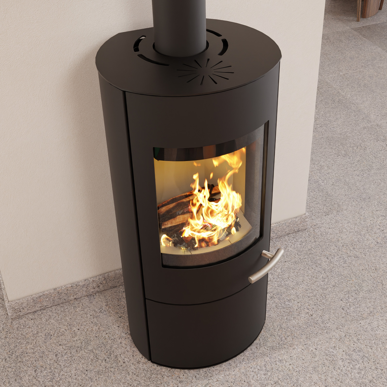 Haas+Sohn SOLIDO Stahl Kaminofen mit Kochplatte mit Holzfach und Türe tief-schwarz