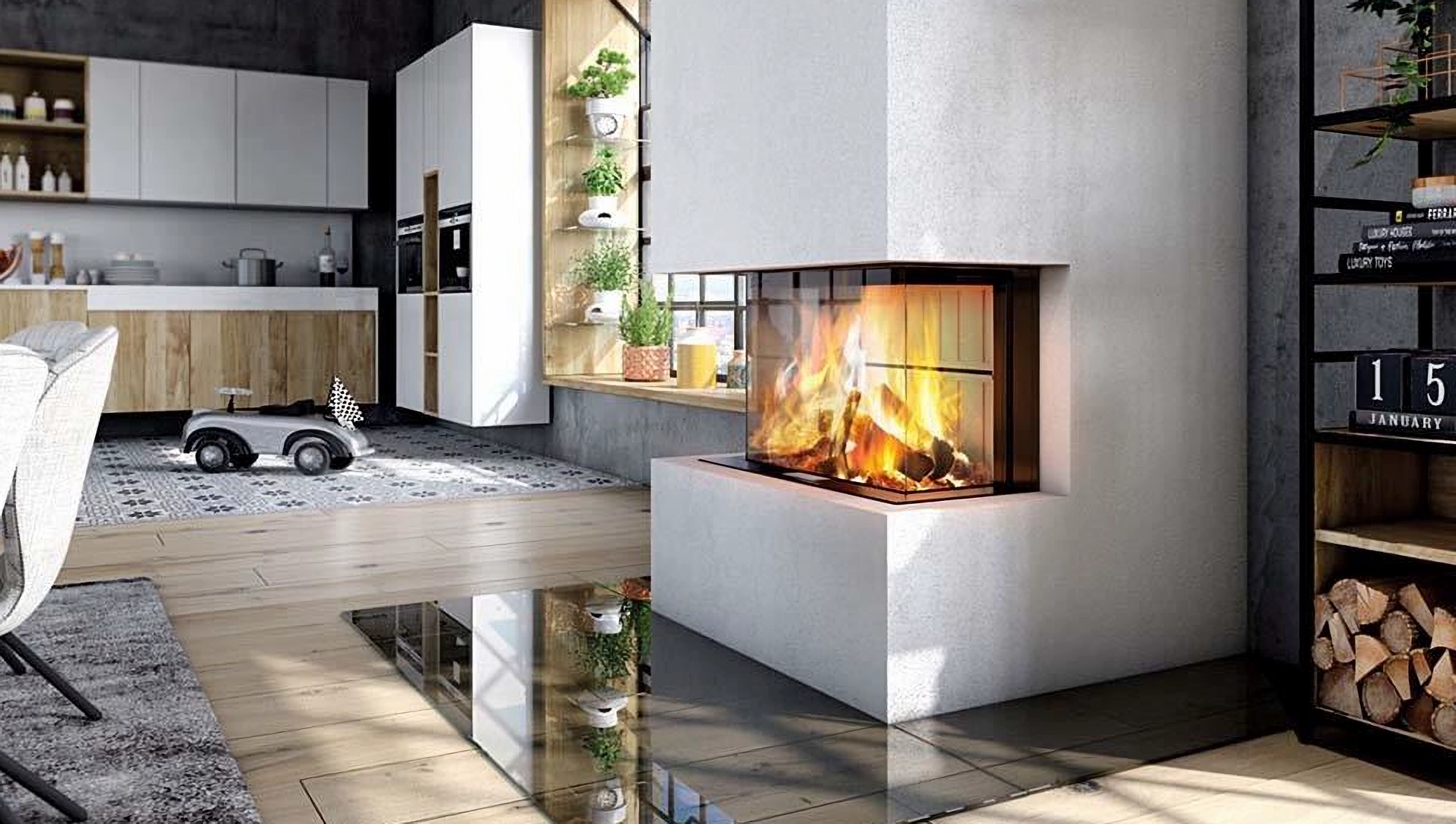 Dieses Bild zeigt eine moderne Küche mit Holz- und Weißtönen, einen Kamin, ein Spielzeugauto und Pflanzen für eine gemütliche Atmosphäre.