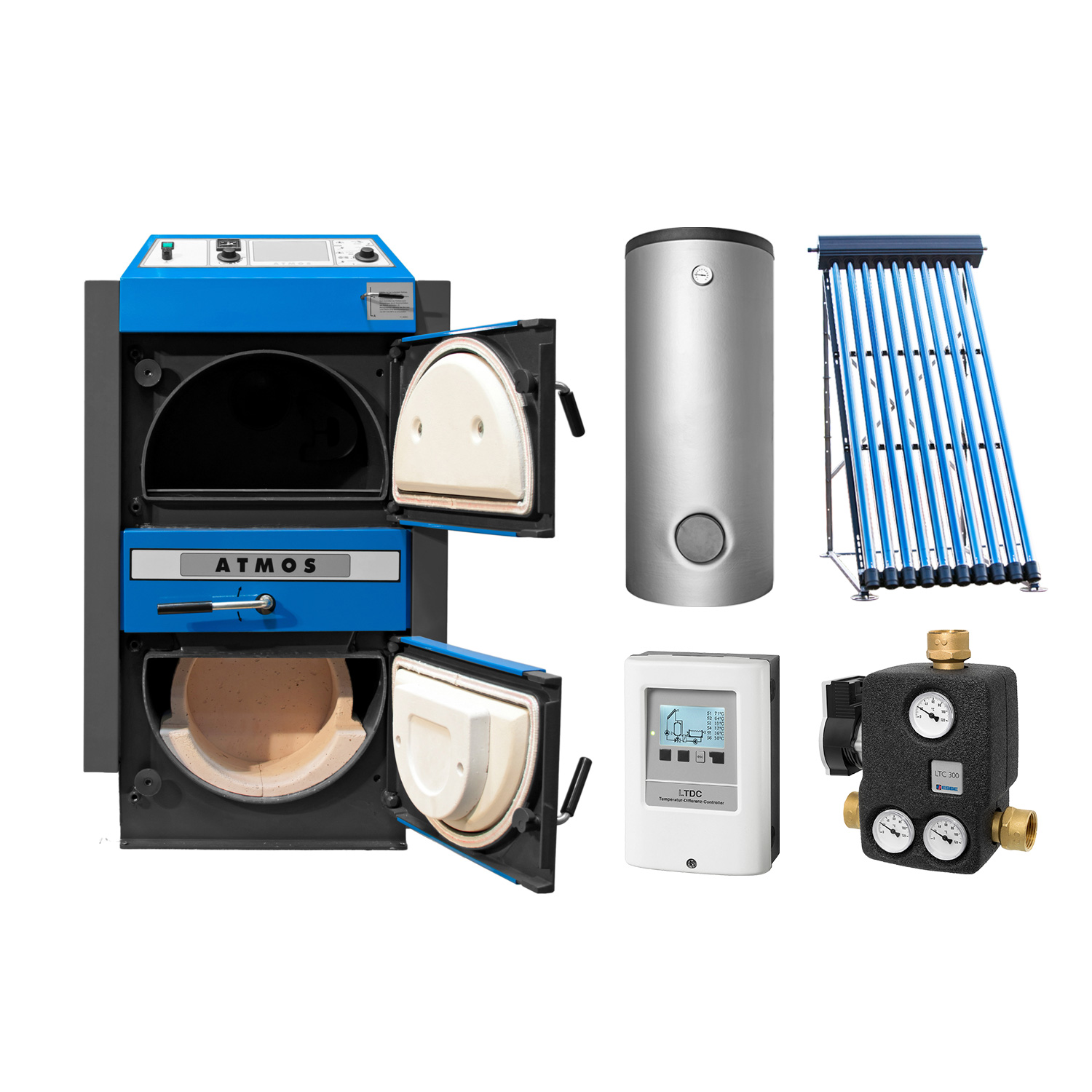ATMOS KC 45 S Set + Solarthermie-Set 2 (11 m²) + 2 Pufferspeicher 825 L + Hygienespeicher SHS 900 + SWT