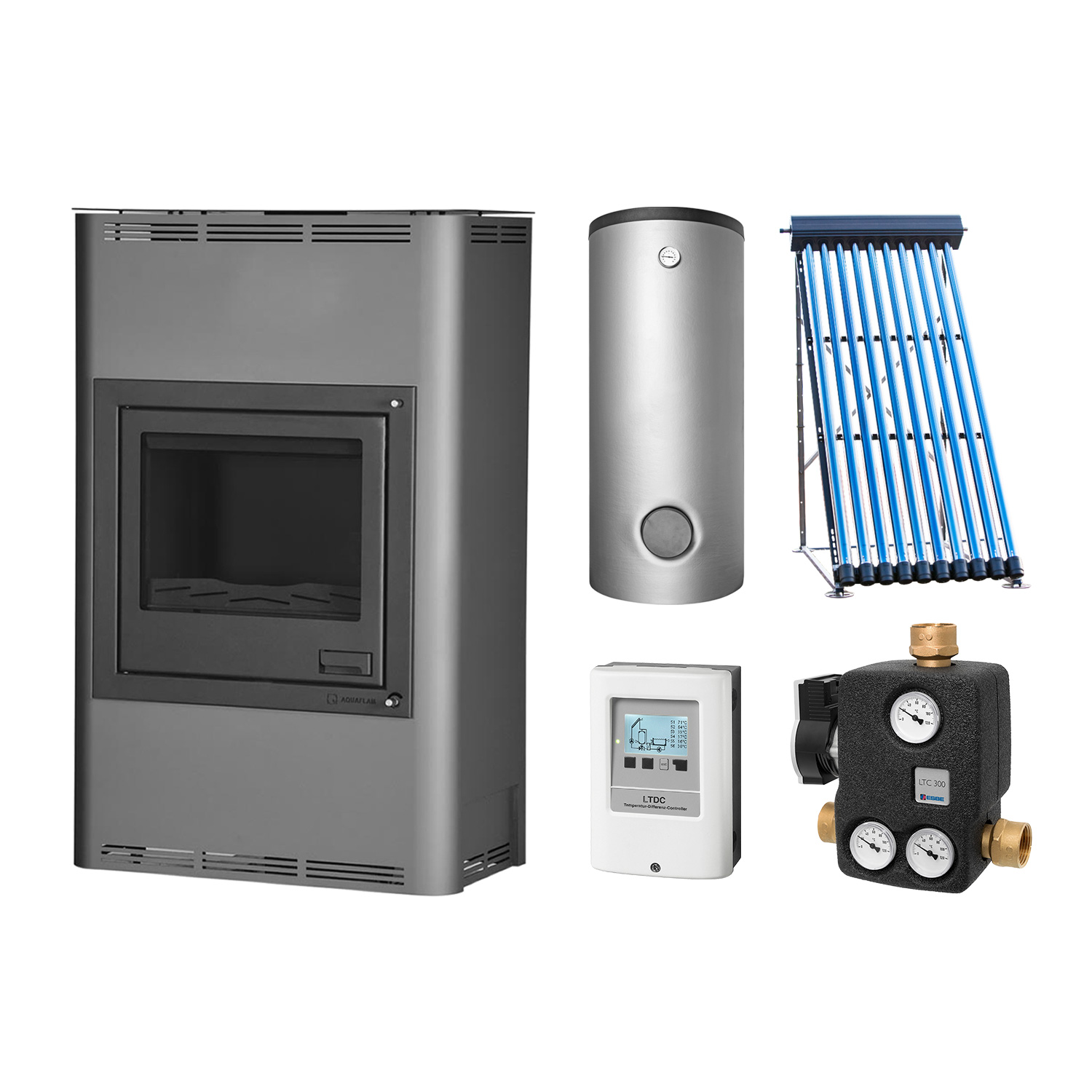 Aquaflam 25 Basic Grey Wasserführender Kaminofen Komplett-Set + Solarthermie-Set 5 (18 m²) + Pufferspeicher TPSR 1000 + 1 SWT