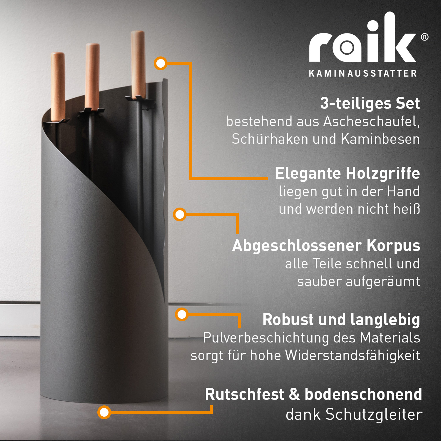 Raik Kaminbesteck Otto 3-teilig + stromloser Kaminventilator / Ofenventilator 4-Blatt, Set