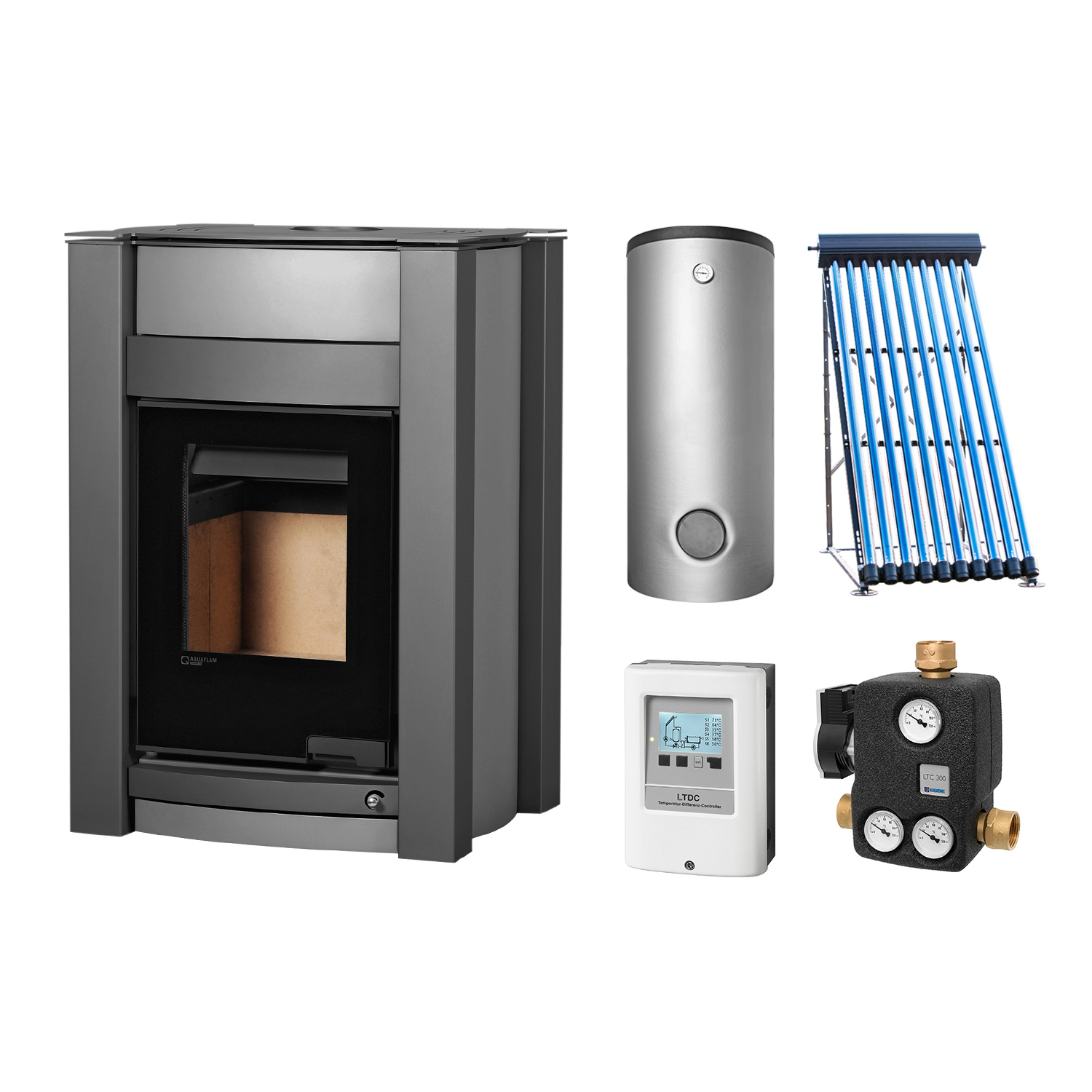 Aquaflam Vario Kalmar Basic Grey Set + Solarthermie-Set 2 (11 m²) + Kombispeicher THKE 600 + SWT