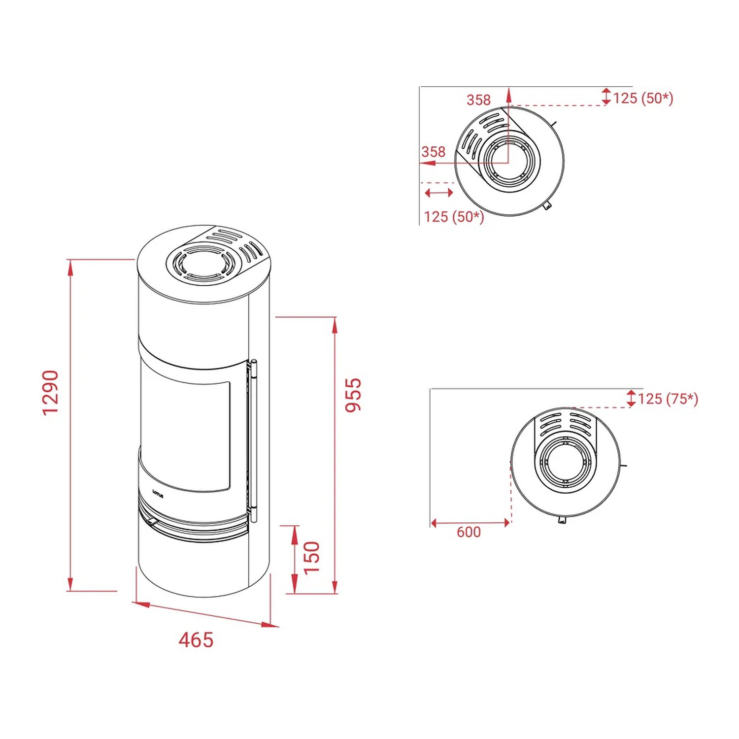 Lotus Kaminofen Orbis 2 Coffee Stone , RR hinten od. RR oben / optional Griffvarianten