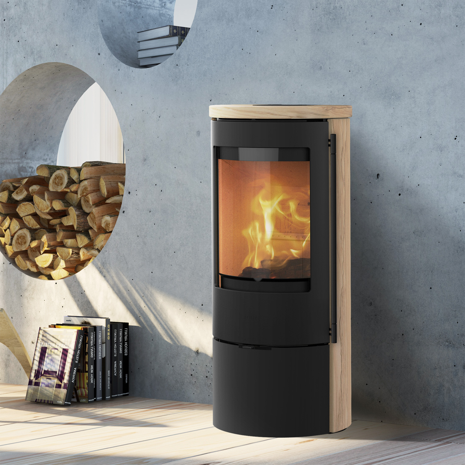 Lotus Prestige Basic S Kaminofen Sandstein, Korpus Schwarz, DIBt, Rauchrohranschluss hinten