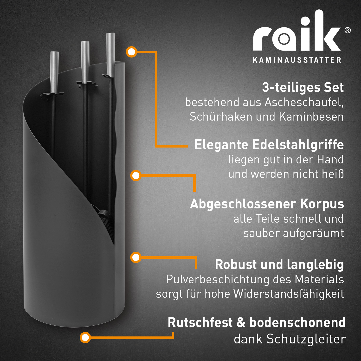 Raik Kaminbesteck Fritz 3-teilig + stromloser Kaminventilator / Ofenventilator 4-Blatt, Set