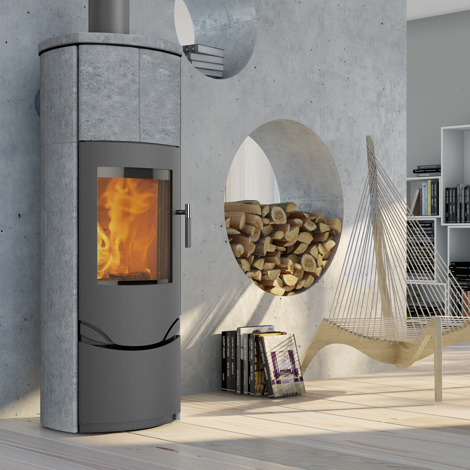 Lotus Prio M Kaminofen Grau/ Speckstein, Rauchabgang oben