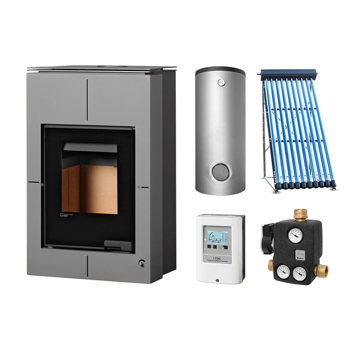 Aquaflam Vario Saporo Basic Grey Set + Solarthermie-Set 2 (10 m²) + Kombispeicher THKE 600 + SWT