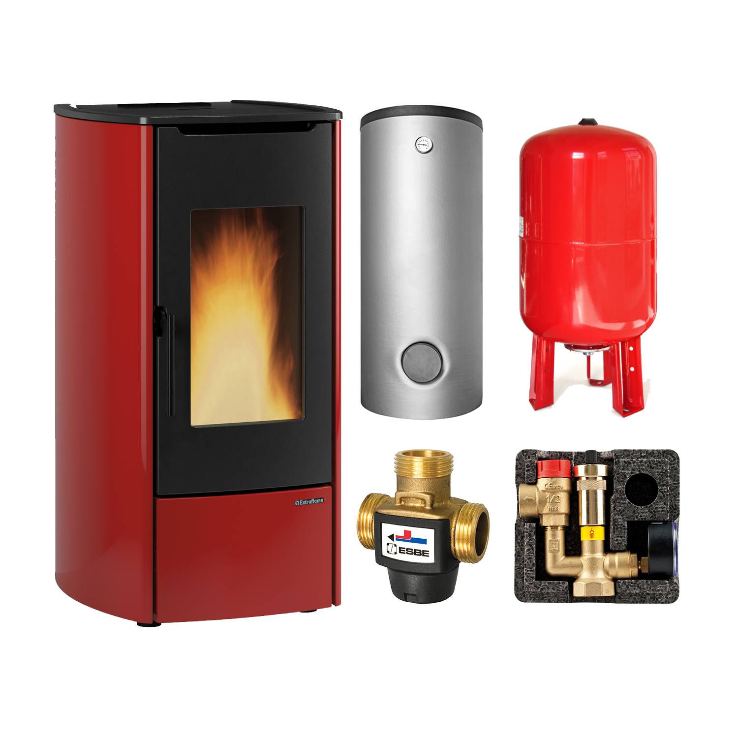 Extraflame Marina Idro 16. H11 wasserführender Pelletofen Stahl Bordeaux - SHS 550 Hygiene-Schichtenkombispeicher montiert silber, 1xWT - Heizungsausdehnungsgefäß 80 L