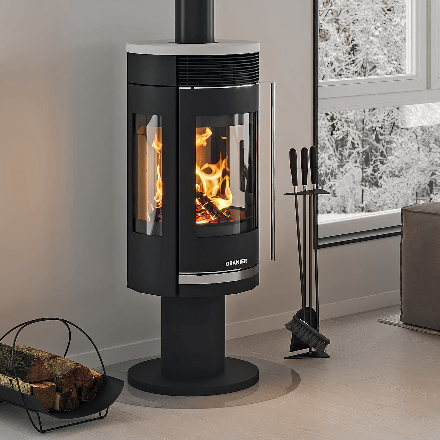 Oranier Rota Twist Kaminofen Stahl Schwarz / Topplatte Kalkstein Bianco