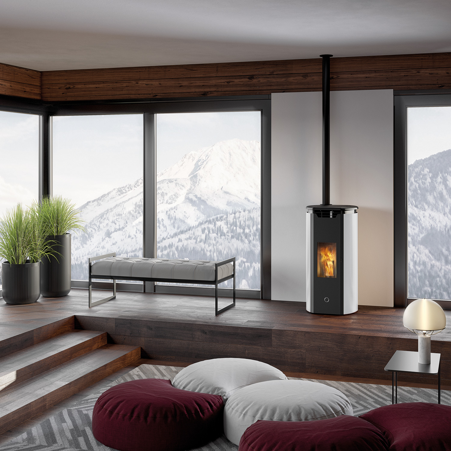 EK63 Tweed90+ EVO Pelletofen RR oben Stahl perlweiß