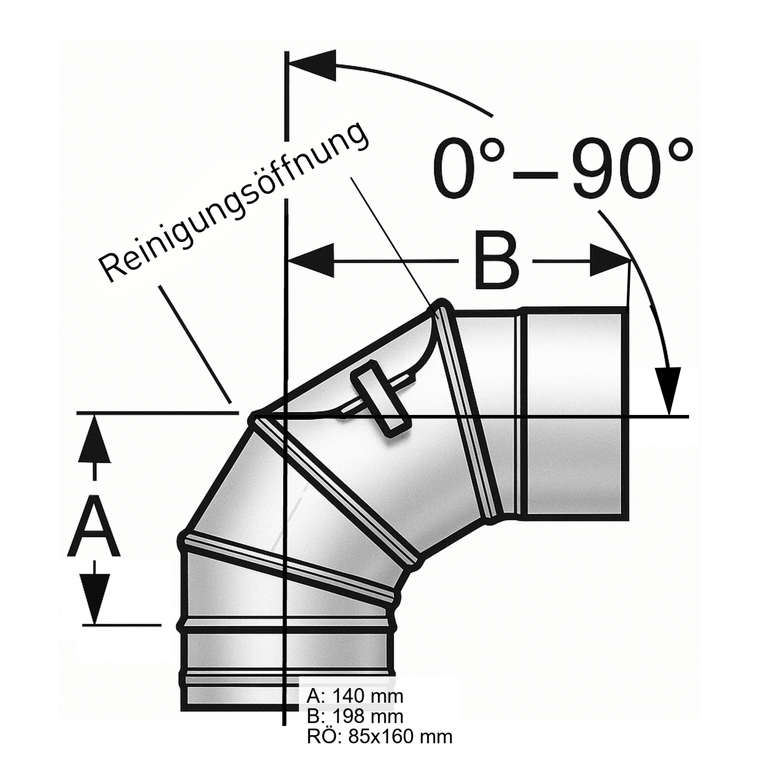 Schiedel PRIMA PLUS Bogen 0-90° drehbar Ø113 mm mit Reinigungsöffnung flach für Festbrennstoffe einwandig matt
