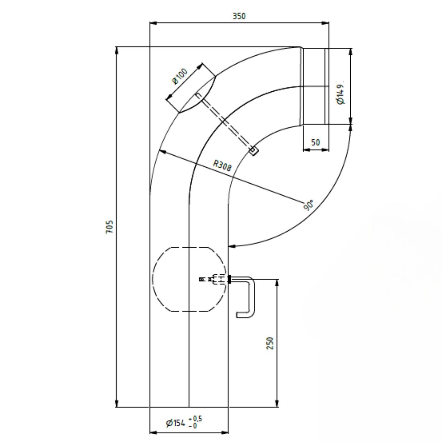 Raik Lifestyle Winkelbogen Durchmesser 150/90° 2,00mm glatt 705/350 mit eingelegter Tür, mit DKL schwarz für Rauchrohr/ Ofenrohr