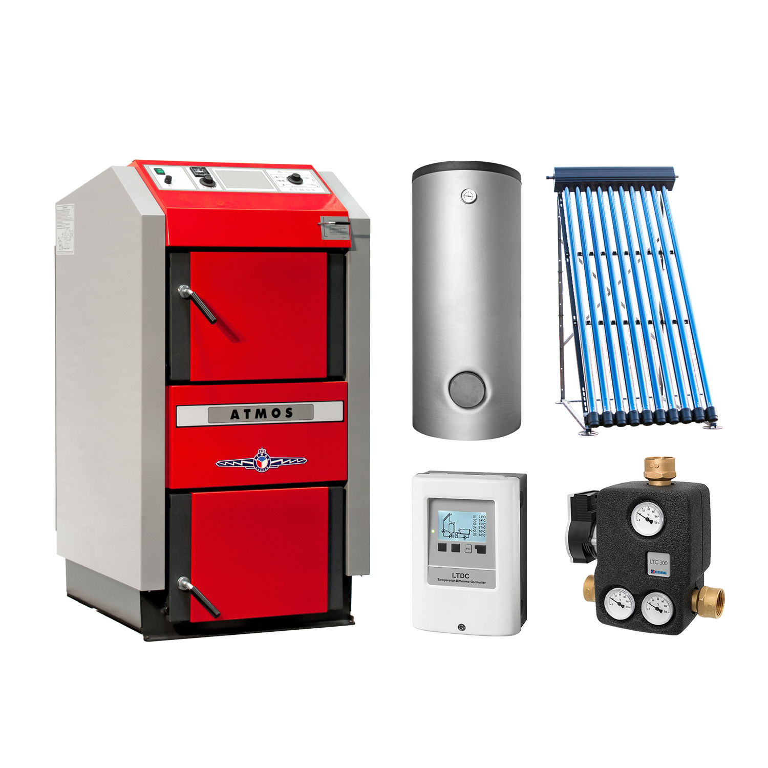ATMOS GS40 Set + Solarthermie-Set 2 (11m²) + 2 Pufferspeicher 825L + Hygienespeicher 750L + SWT ATMOS GS40 Set + Solarthermie-Set 2 (11m²) + 2 Pufferspeicher 825L + Hygienespeicher 750L + SWT