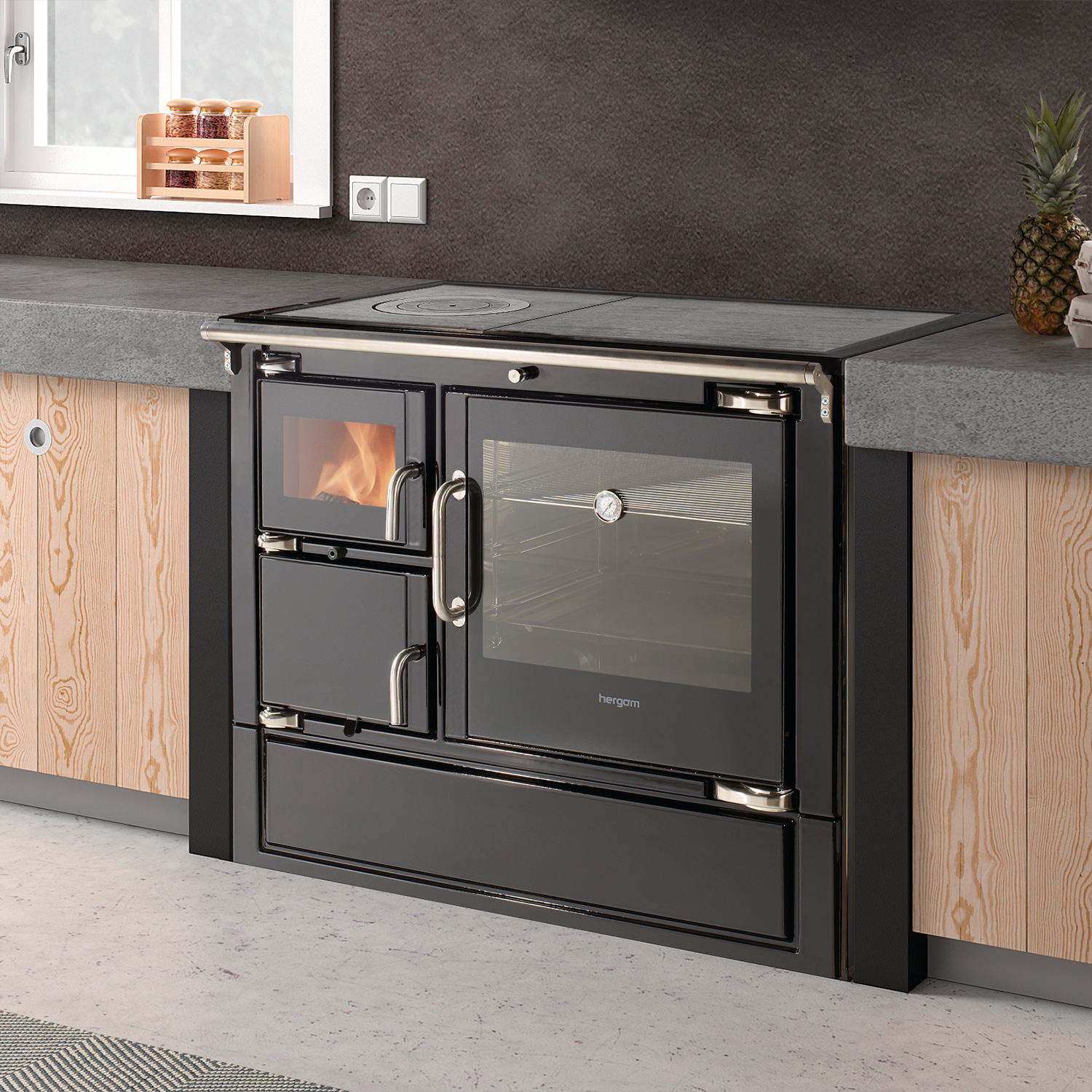 Hergom Eclecsys 100 SE Küchenofen Gusseisen schwarz, Herdplatte Gusseisen, RR hinten