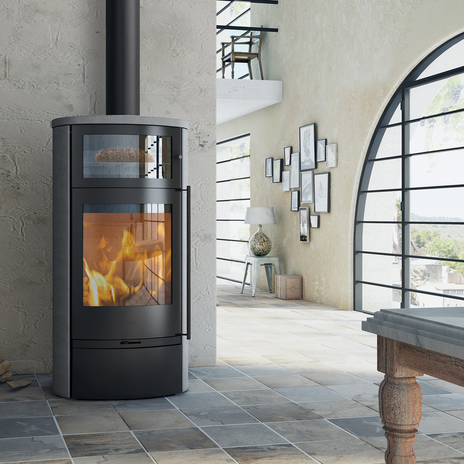 Lotus Jubilee 35 Kaminofen Schwarz / Speckstein mit Warmhaltefach, RR hinten od. RR oben