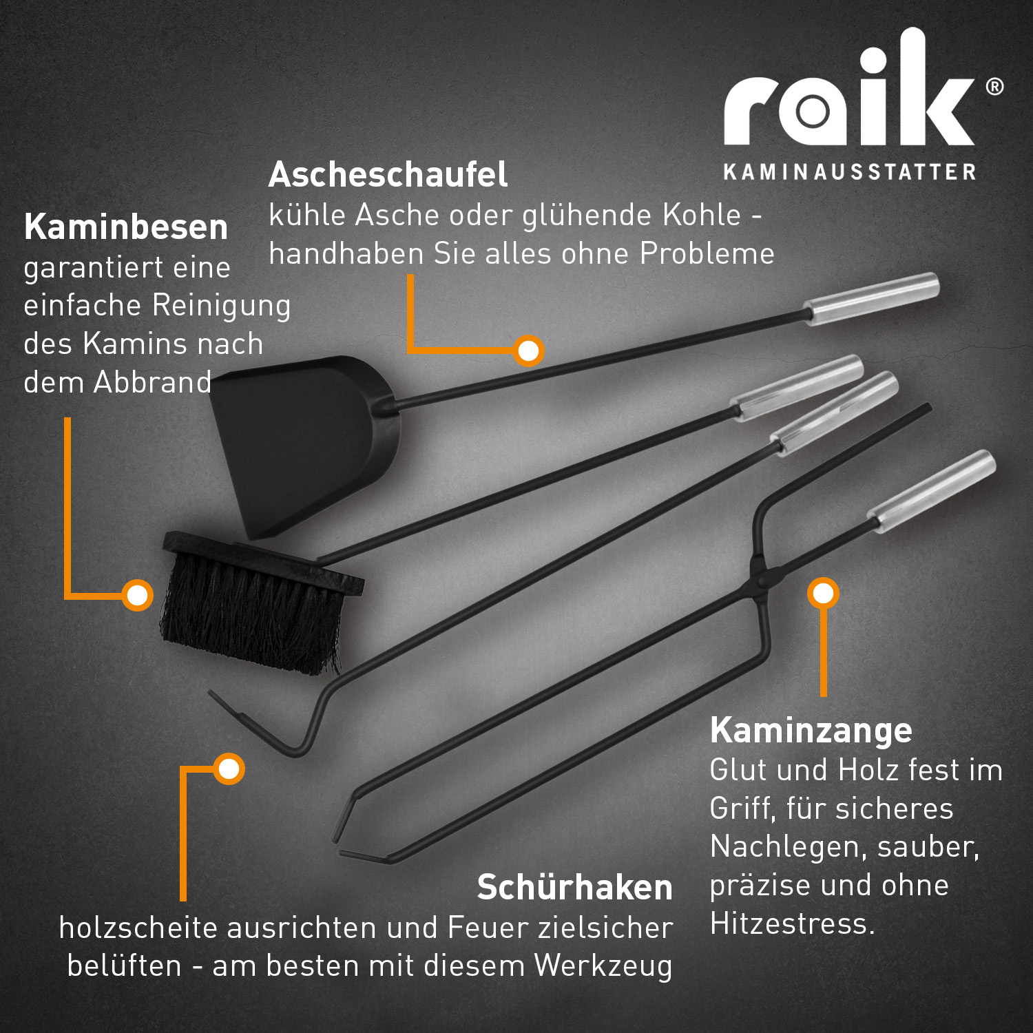 Kaminbesteck Albert, 4-teilig, schwarz, Edelstahlgriffe, 66 cm