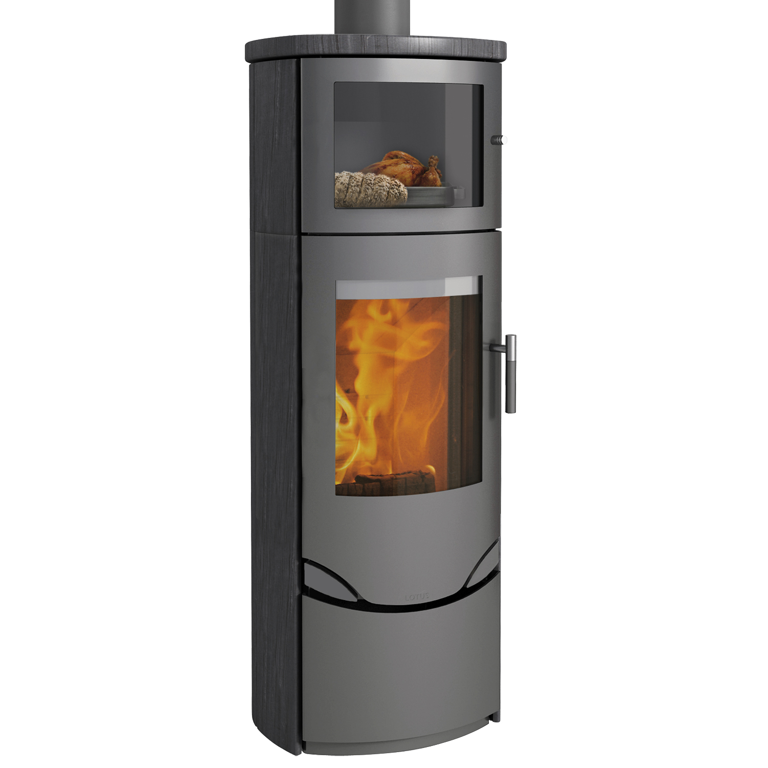 Lotus Prio 7 M Kaminofen Grau / Indian Night mit Backfach , RR hinten od. RR oben