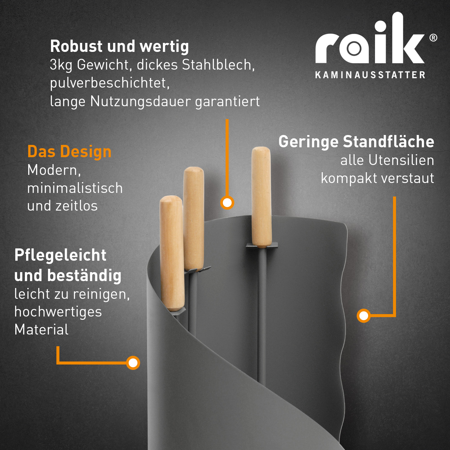 Raik Kaminbesteck Otto 3-teilig + stromloser Kaminventilator / Ofenventilator 4-Blatt, Set