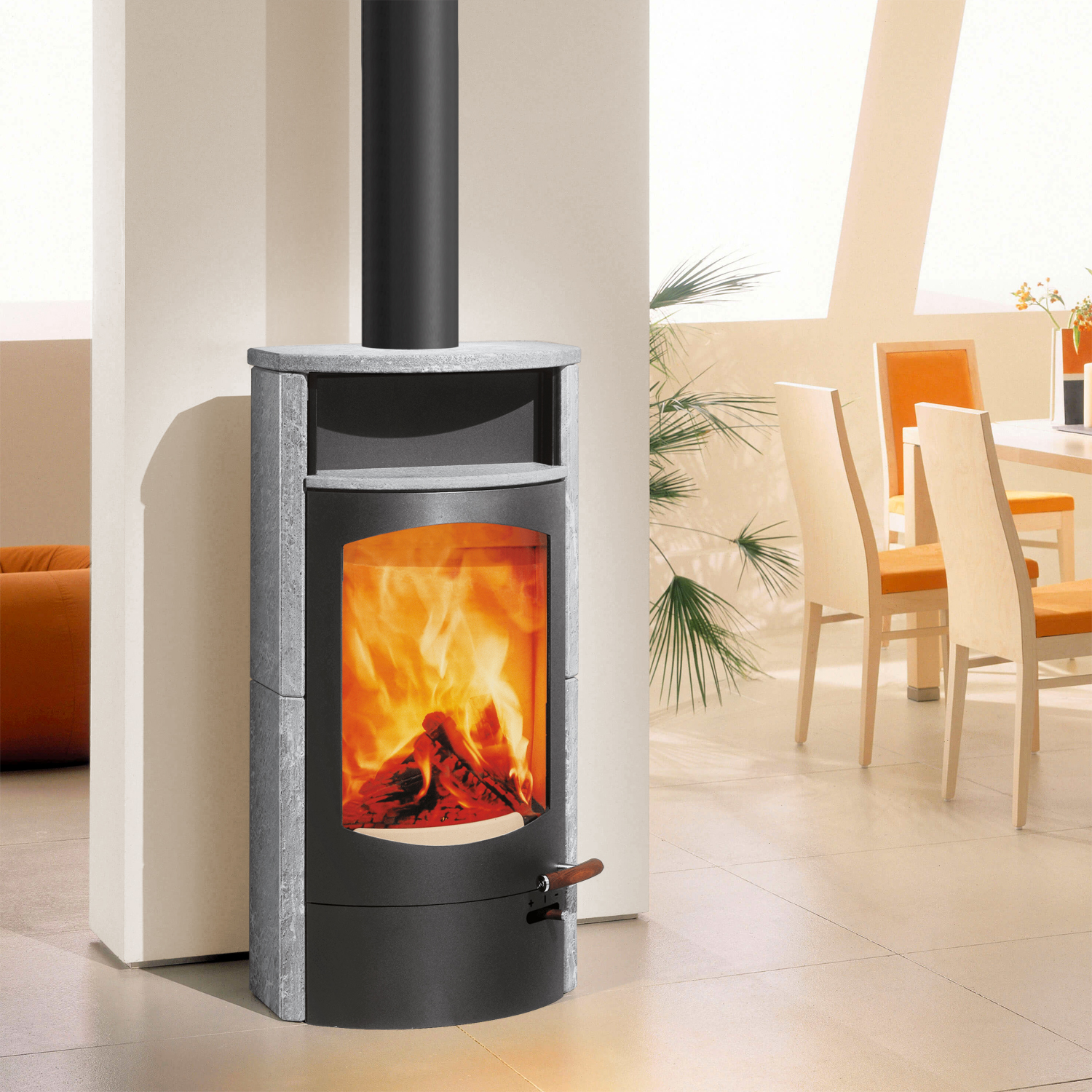 Austroflamm Koko 2.0 Kaminofen Speckstein, Warmhaltefach Speckstein, Topplatte Speckstein, RRA oben + 1 m³ Kaminholz gratis