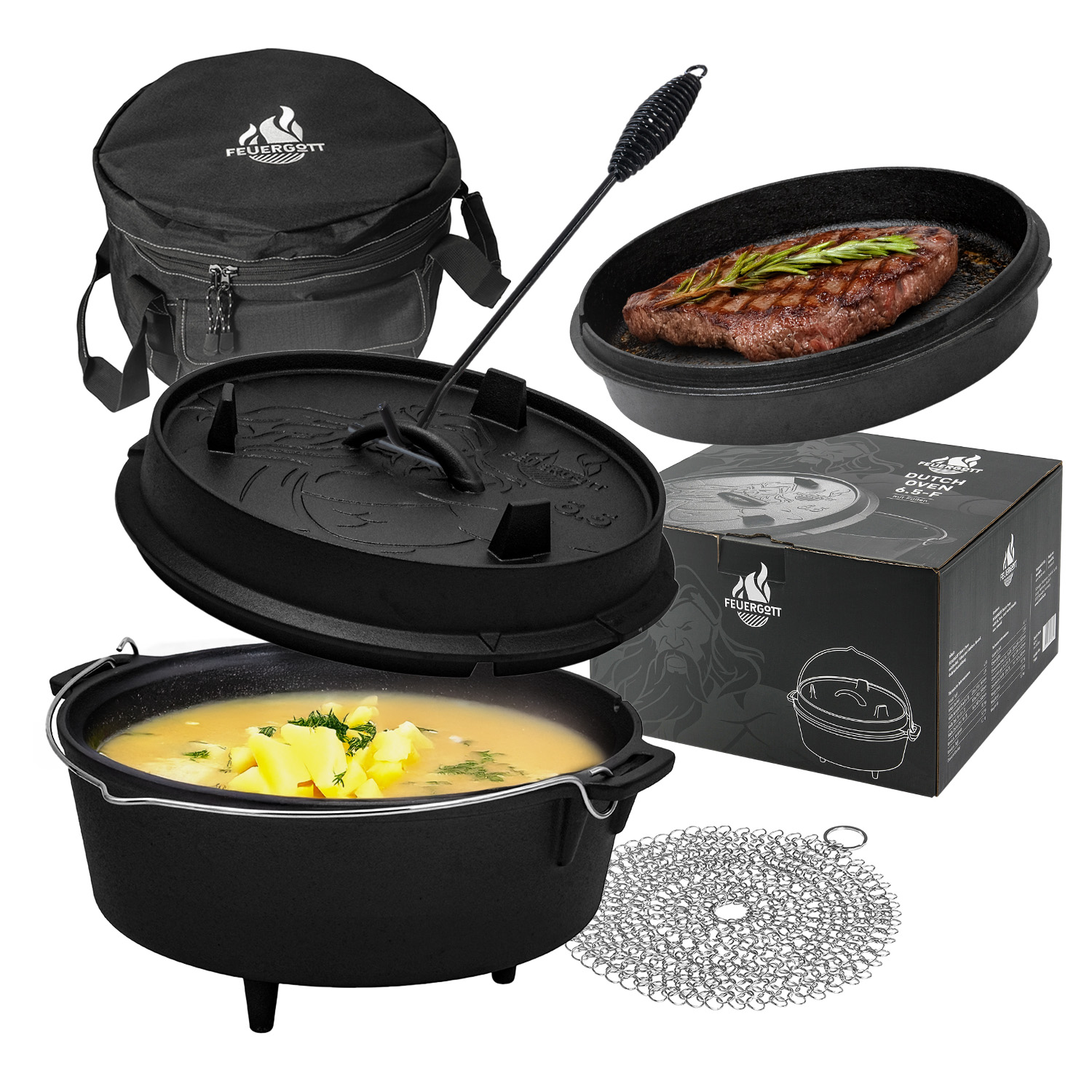 FEUERGOTT Dutch Oven 6,5 l mit Füßen im Set mit Tasche, Deckelheber und Ringreiniger