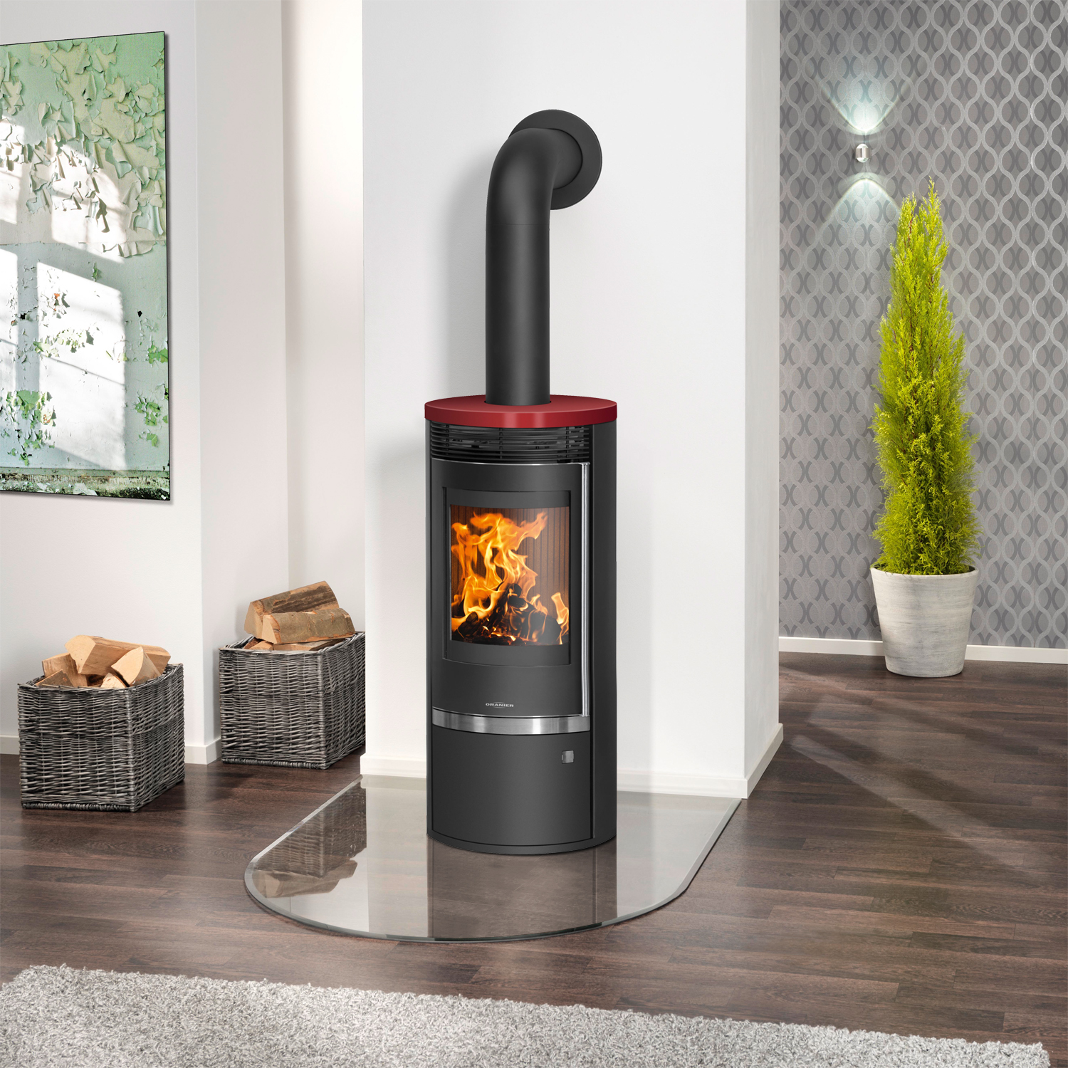 Oranier Rota Top 2.0 Kaminofen Stahl Schwarz mit Abdeckplatte Keramik Bordeauxrot