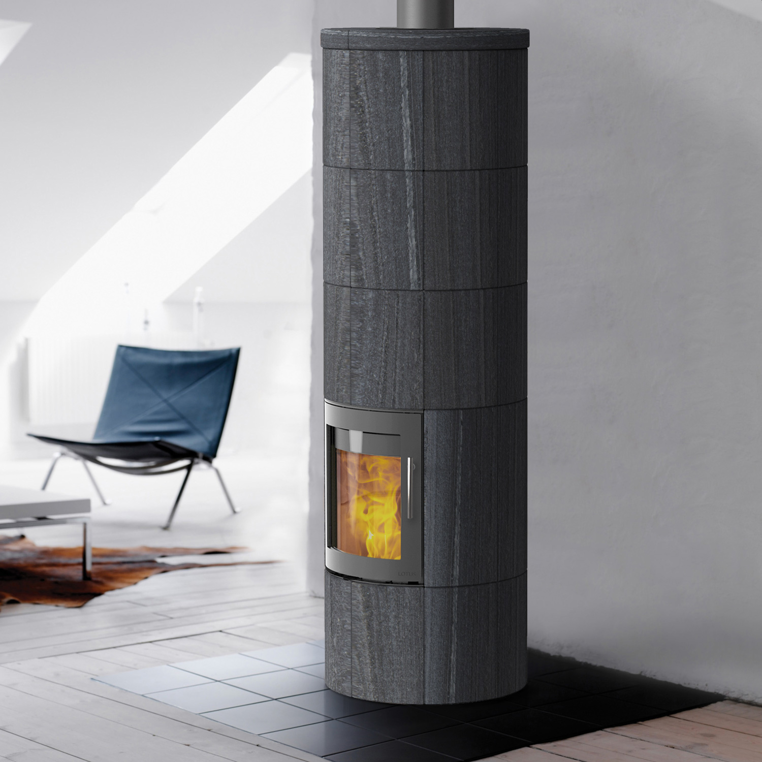 Lotus M3 Kaminofen Grau/ Indian Night, Rauchabgang hinten